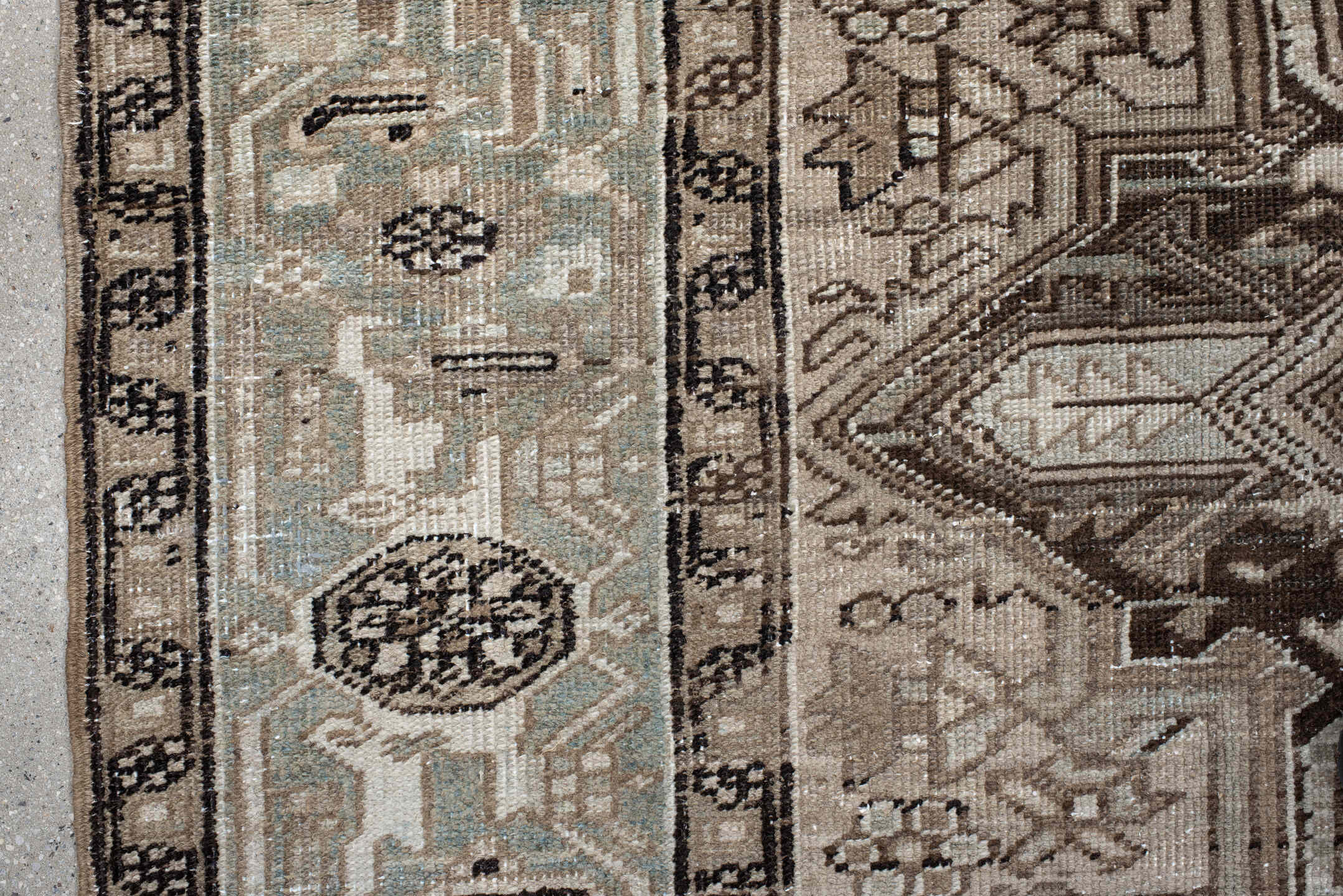 6' x 9' one-of-a-kind handmade vintage Heriz medium size rug. Color palette: taupe, ivory, light blue, charcoal, brown