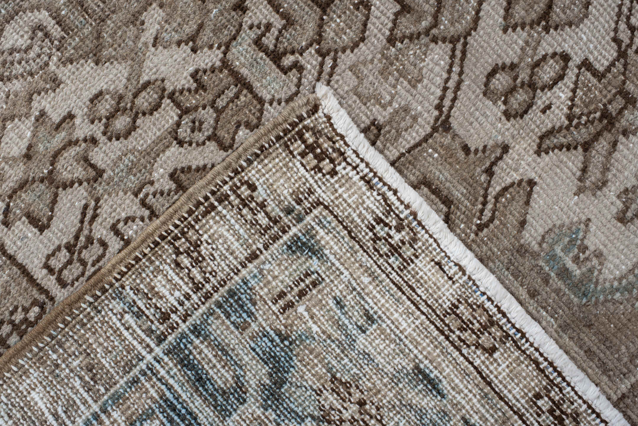 6' x 9' one-of-a-kind handmade vintage Heriz medium size rug. Color palette: taupe, ivory, light blue, charcoal, brown
