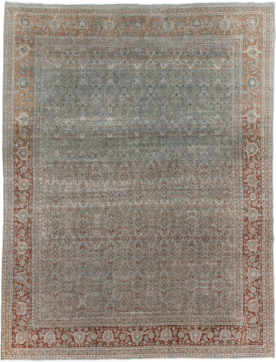 9' x 11' one-of-a-kind handmade antique Tabriz large size rug. Color palette: blue, rust, ivory, taupe, camel, terracotta