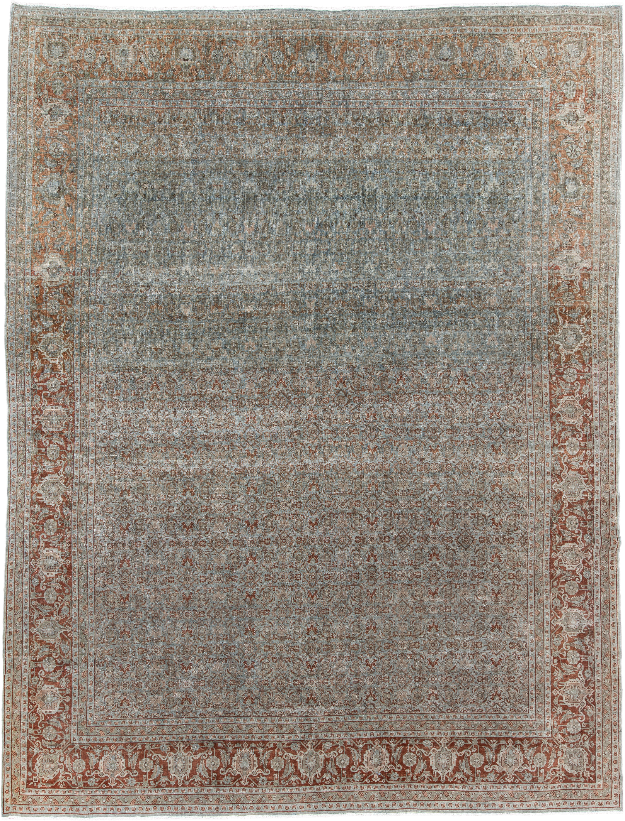 9' x 11' one-of-a-kind handmade antique Tabriz large size rug. Color palette: blue, rust, ivory, taupe, camel, terracotta