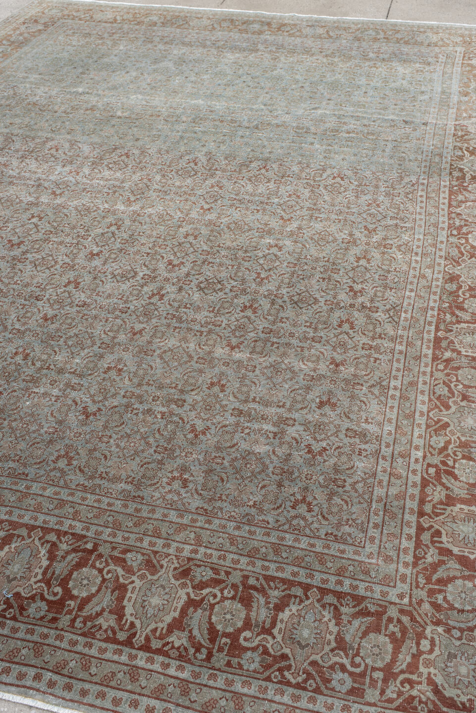 9' x 11' one-of-a-kind handmade antique Tabriz large size rug. Color palette: blue, rust, ivory, taupe, camel, terracotta