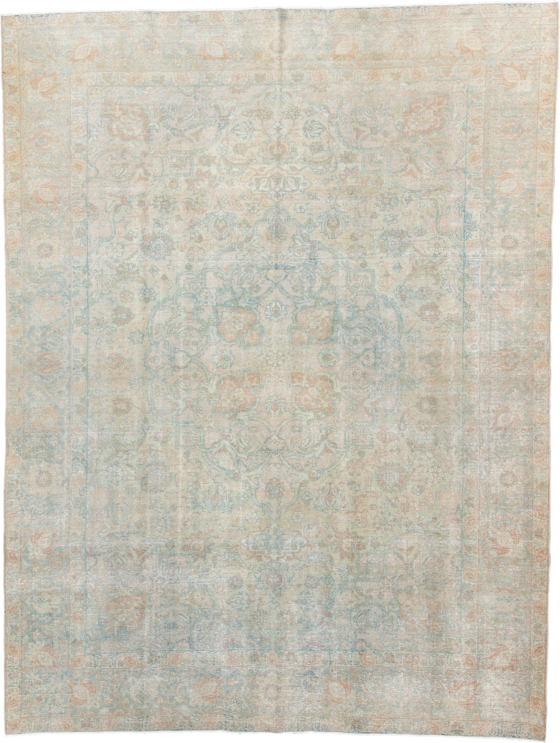 7' x 10' one-of-a-kind handmade antique Tabriz large size rug. Color palette: ivory, pale blue, blush, cream, taupe, sage