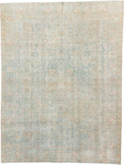 7' x 10' one-of-a-kind handmade antique Tabriz large size rug. Color palette: ivory, pale blue, blush, cream, taupe, sage