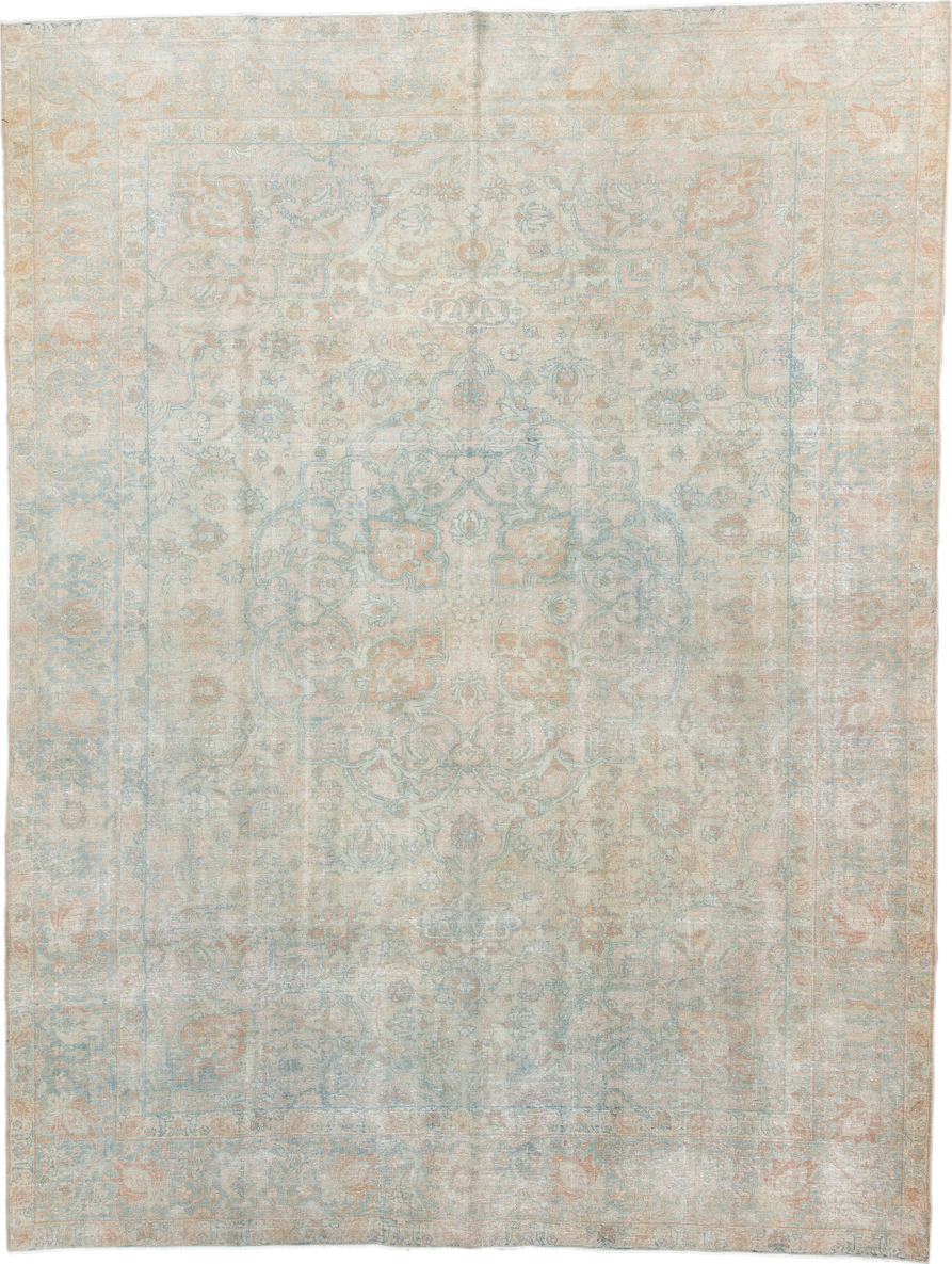 7' x 10' one-of-a-kind handmade antique Tabriz large size rug. Color palette: ivory, pale blue, blush, cream, taupe, sage