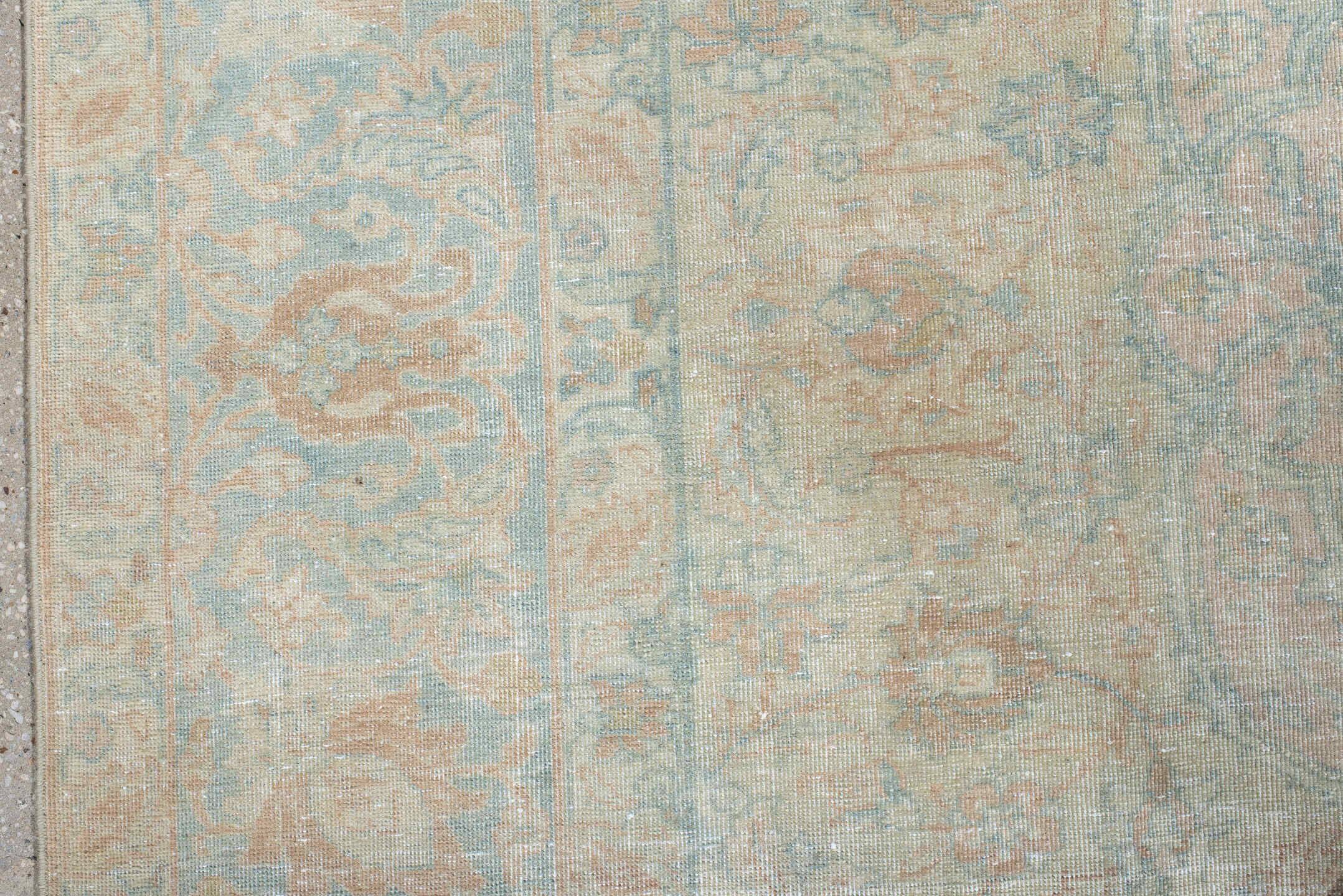 7' x 10' one-of-a-kind handmade antique Tabriz large size rug. Color palette: ivory, pale blue, blush, cream, taupe, sage
