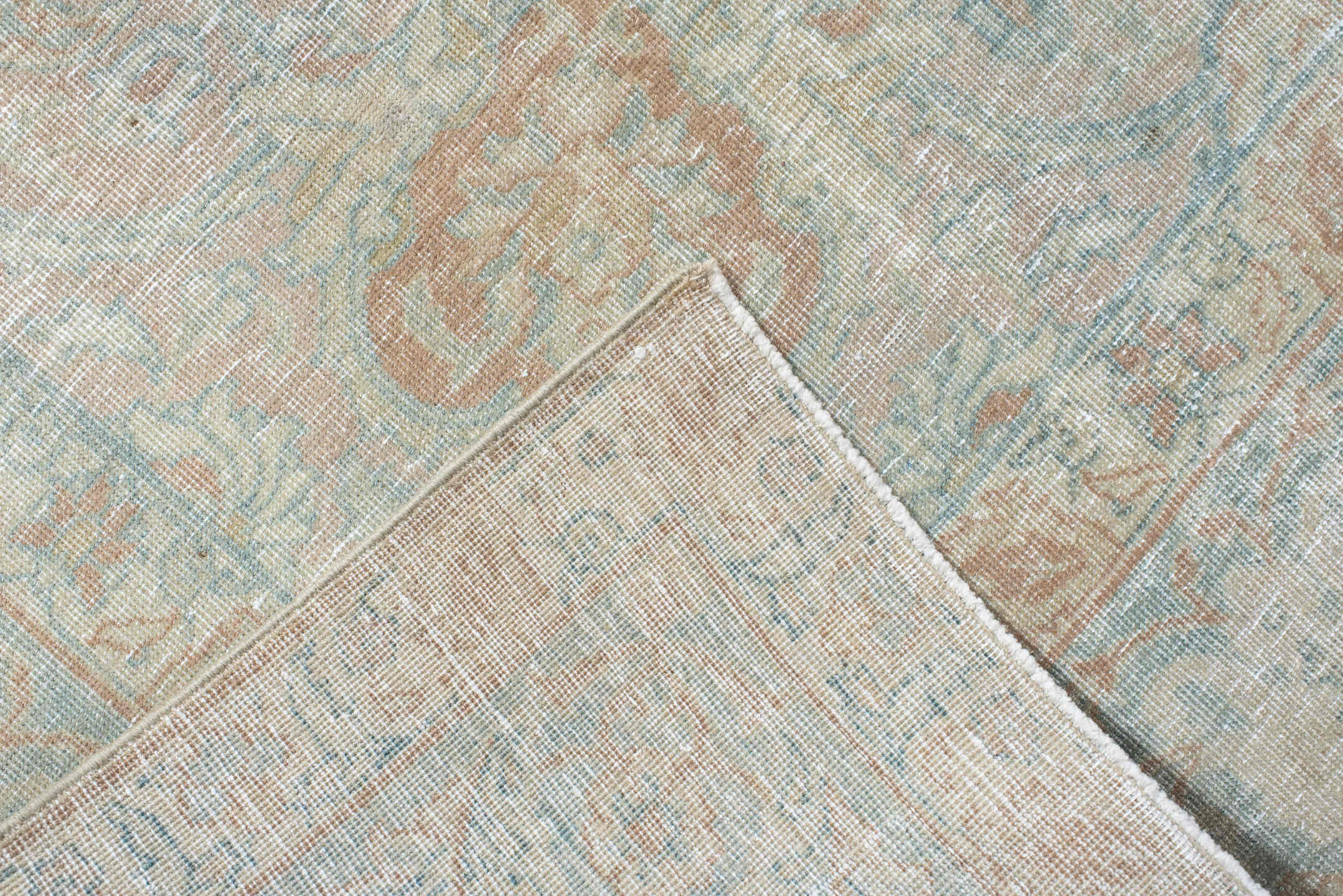 7' x 10' one-of-a-kind handmade antique Tabriz large size rug. Color palette: ivory, pale blue, blush, cream, taupe, sage