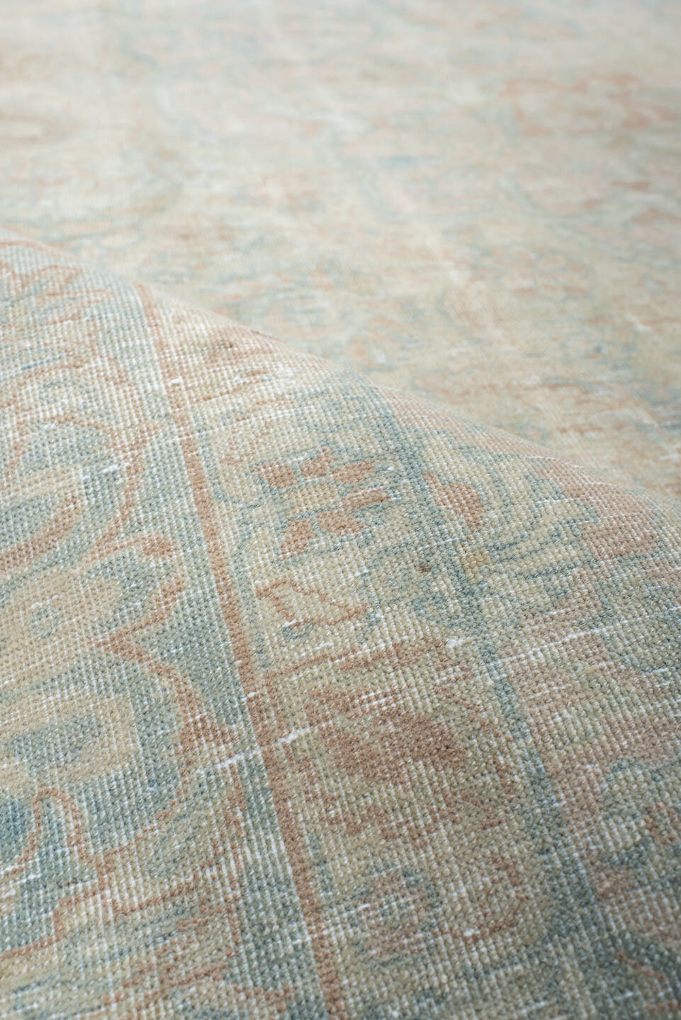 7' x 10' one-of-a-kind handmade antique Tabriz large size rug. Color palette: ivory, pale blue, blush, cream, taupe, sage