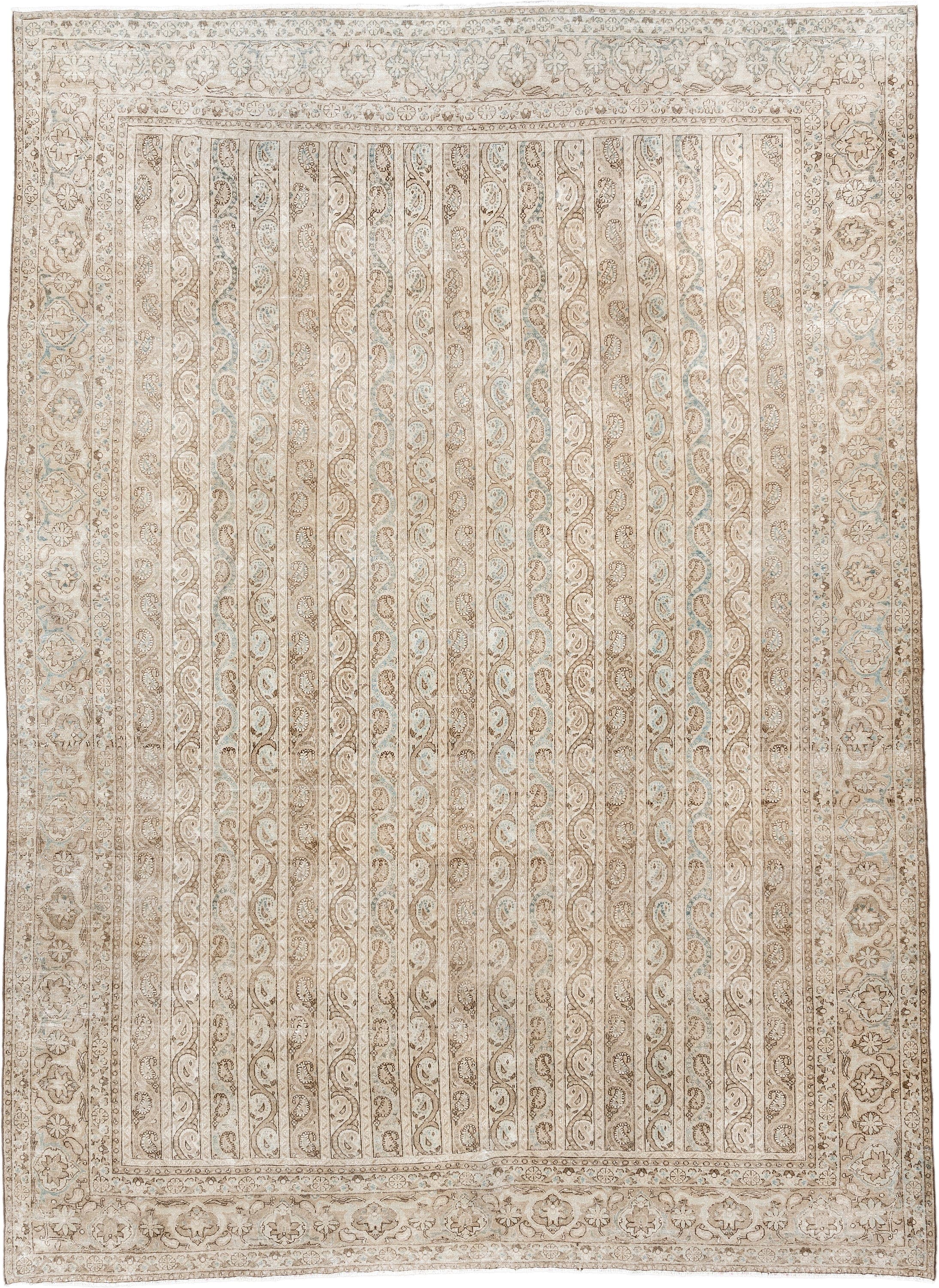 8' x 11' one-of-a-kind handmade antique Qum large size rug. Color palette: ivory, beige, taupe, pale blue, cream, sand, gray