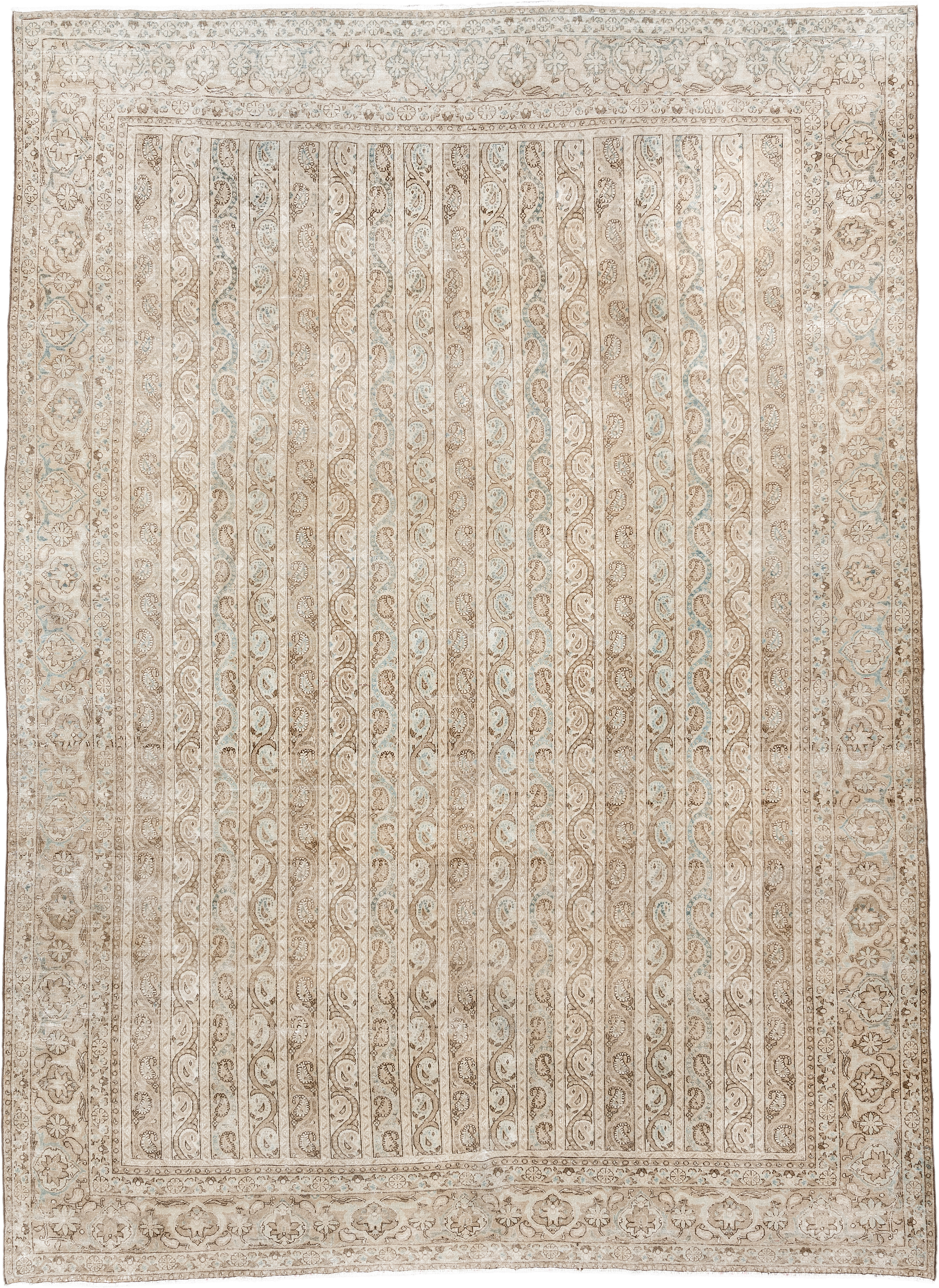 8' x 11' one-of-a-kind handmade antique Qum large size rug. Color palette: ivory, beige, taupe, pale blue, cream, sand, gray