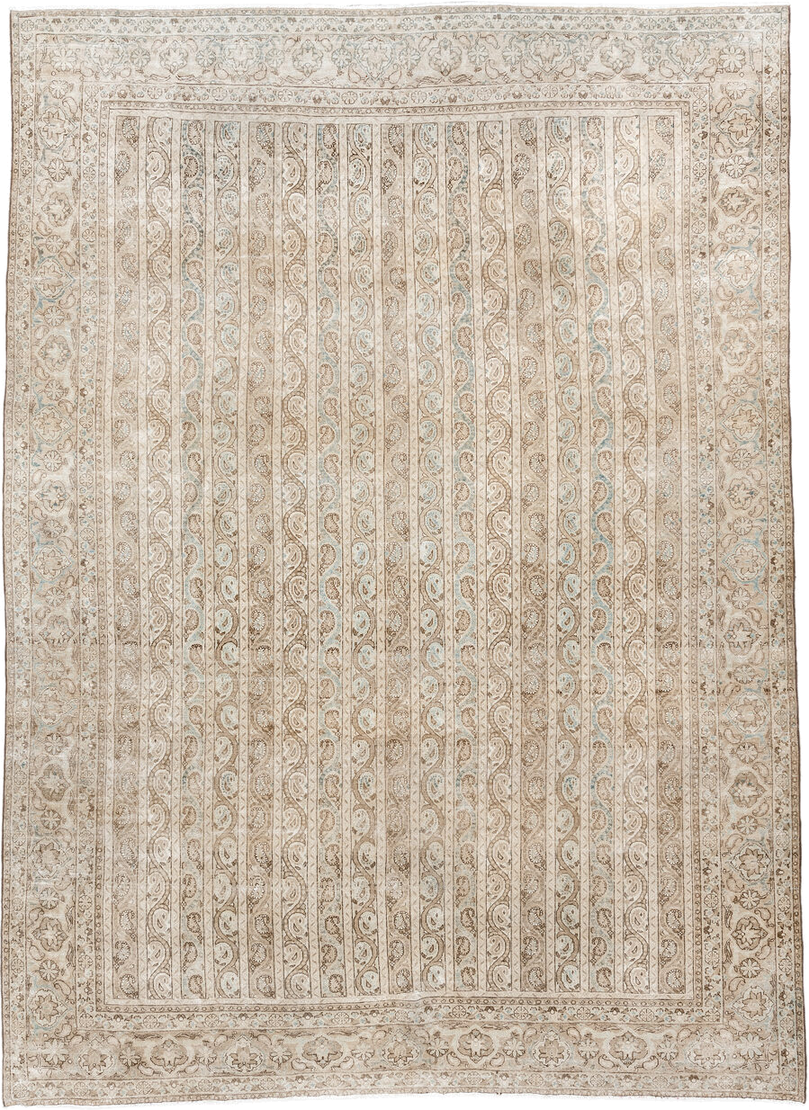 8' x 11' one-of-a-kind handmade antique Qum large size rug. Color palette: ivory, beige, taupe, pale blue, cream, sand, gray