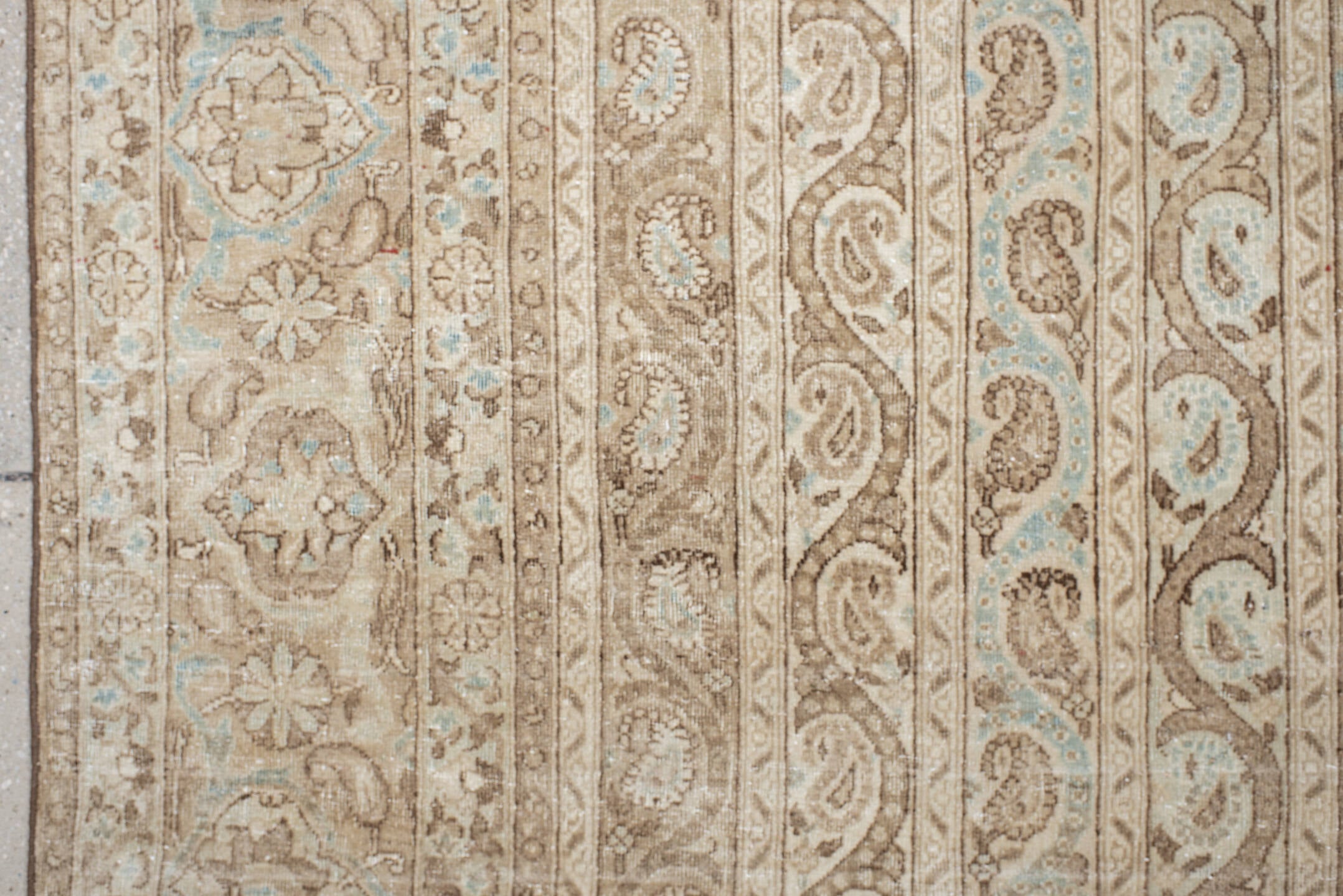 8' x 11' one-of-a-kind handmade antique Qum large size rug. Color palette: ivory, beige, taupe, pale blue, cream, sand, gray