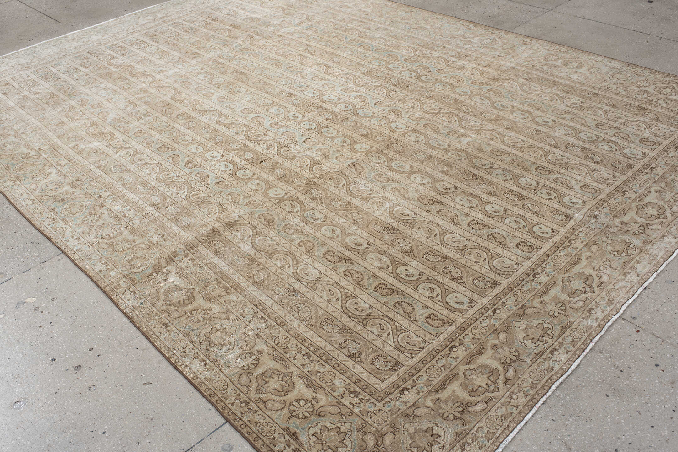 8' x 11' one-of-a-kind handmade antique Qum large size rug. Color palette: ivory, beige, taupe, pale blue, cream, sand, gray