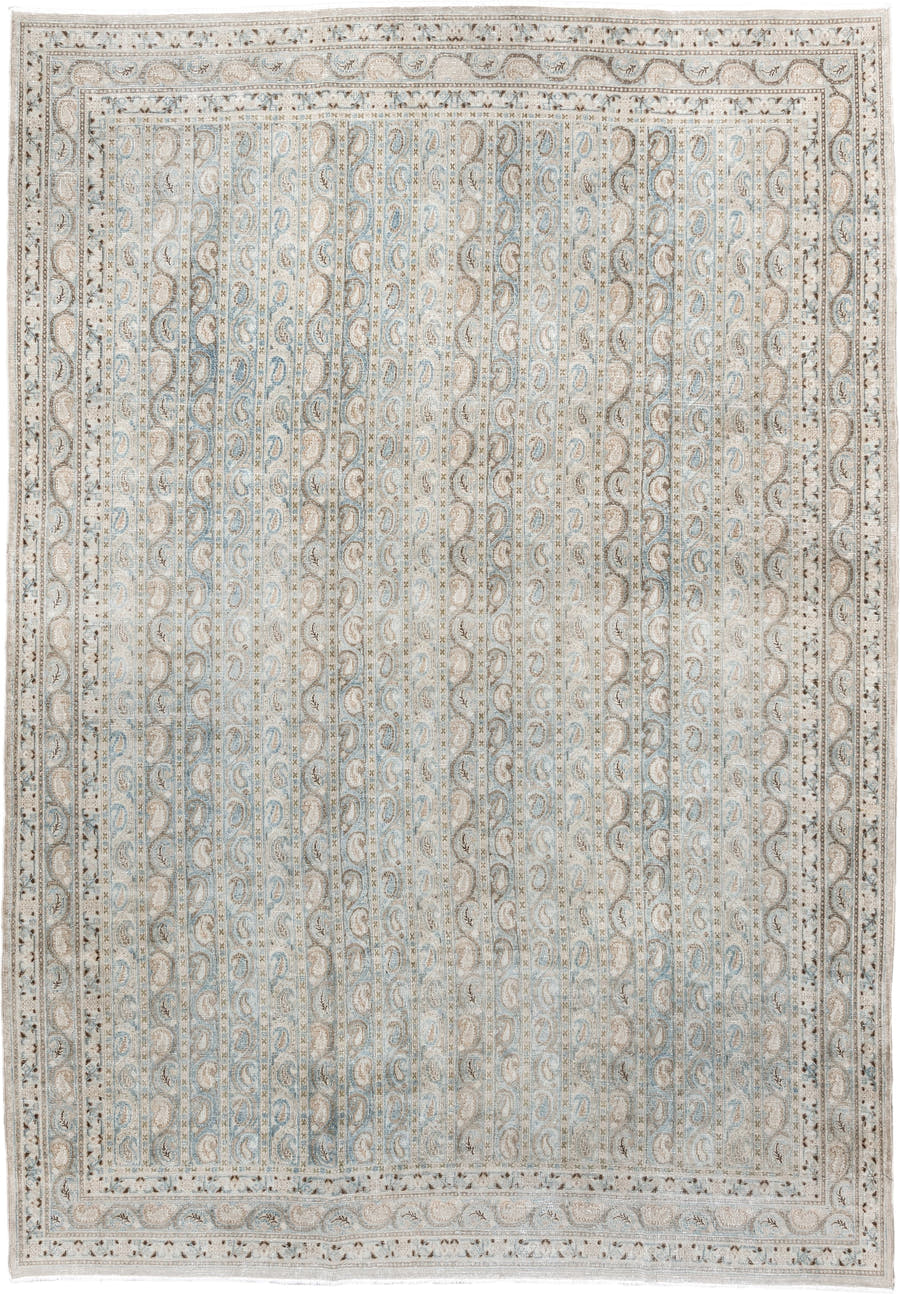 7' x 10' one-of-a-kind handmade antique Meshed large size rug. Color palette: ivory, light blue, taupe, beige, camel, brown