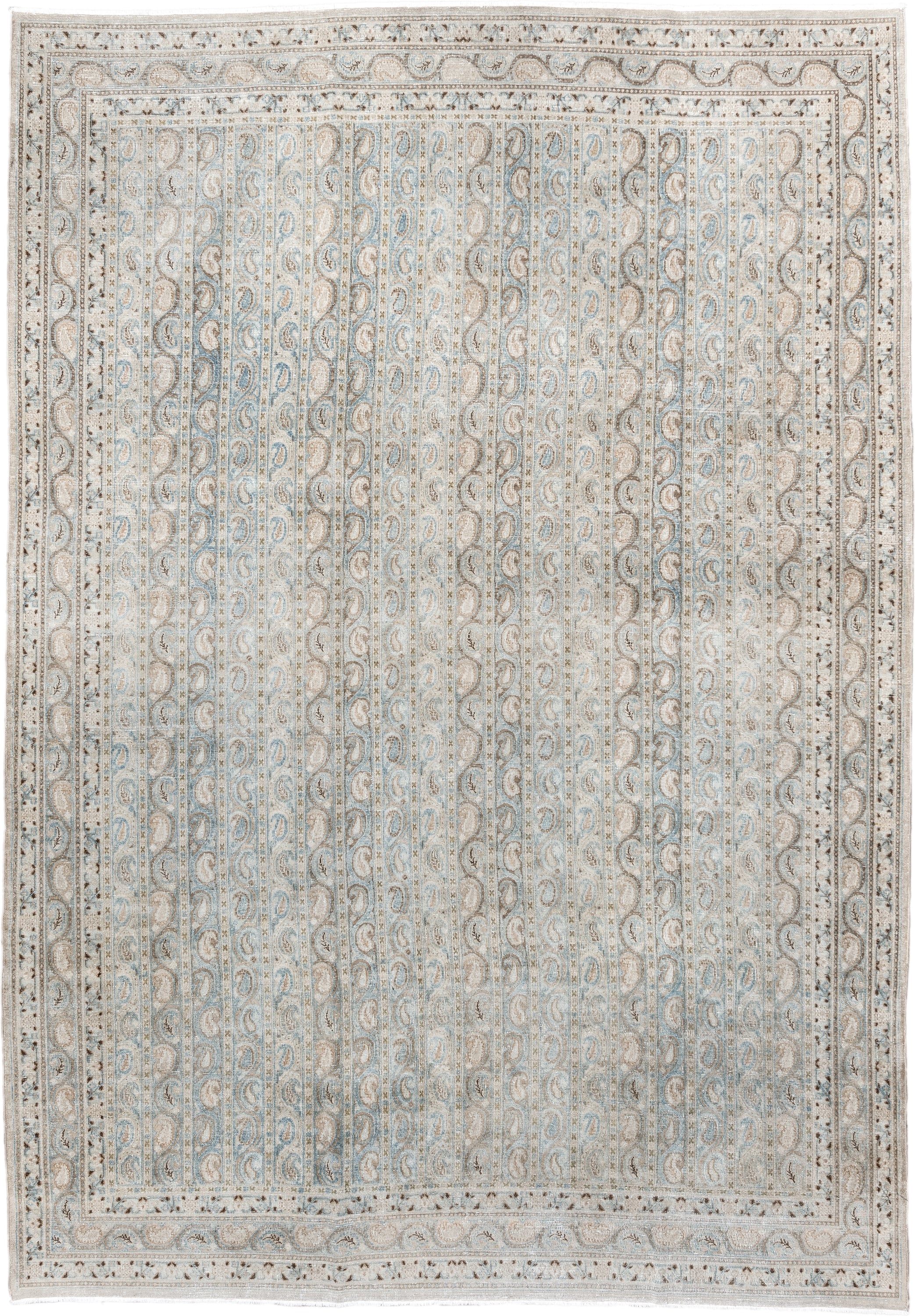 7' x 10' one-of-a-kind handmade antique Meshed large size rug. Color palette: ivory, light blue, taupe, beige, camel, brown