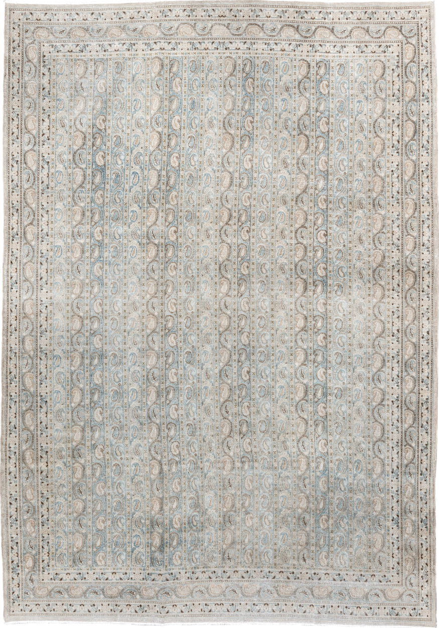 7' x 10' one-of-a-kind handmade antique Meshed large size rug. Color palette: ivory, light blue, taupe, beige, camel, brown
