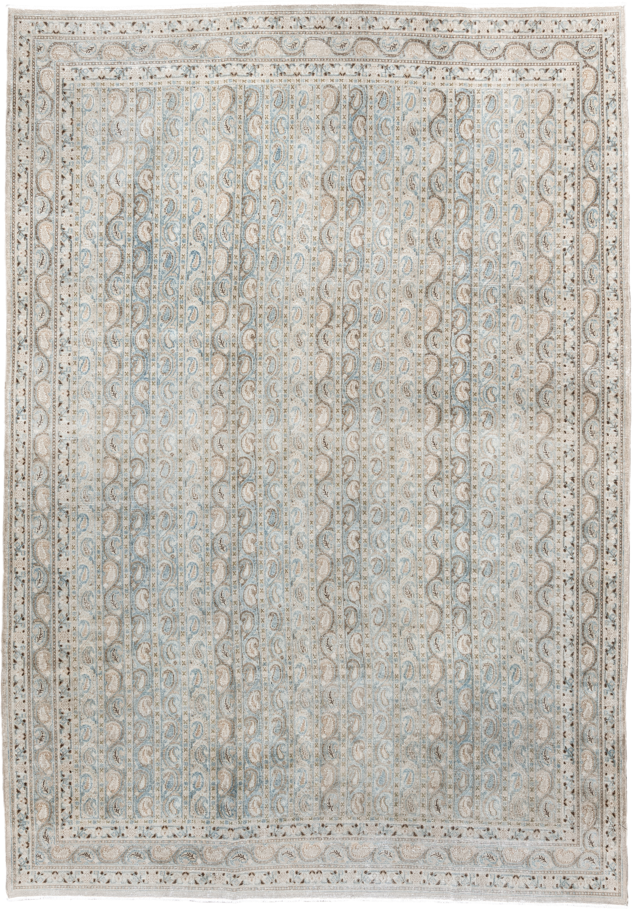7' x 10' one-of-a-kind handmade antique Meshed large size rug. Color palette: ivory, light blue, taupe, beige, camel, brown