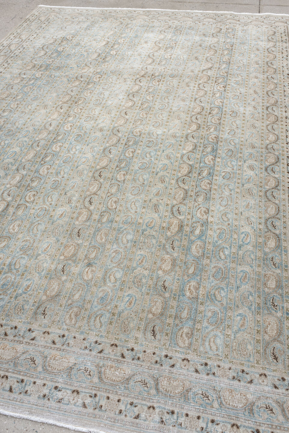 7' x 10' one-of-a-kind handmade antique Meshed large size rug. Color palette: ivory, light blue, taupe, beige, camel, brown
