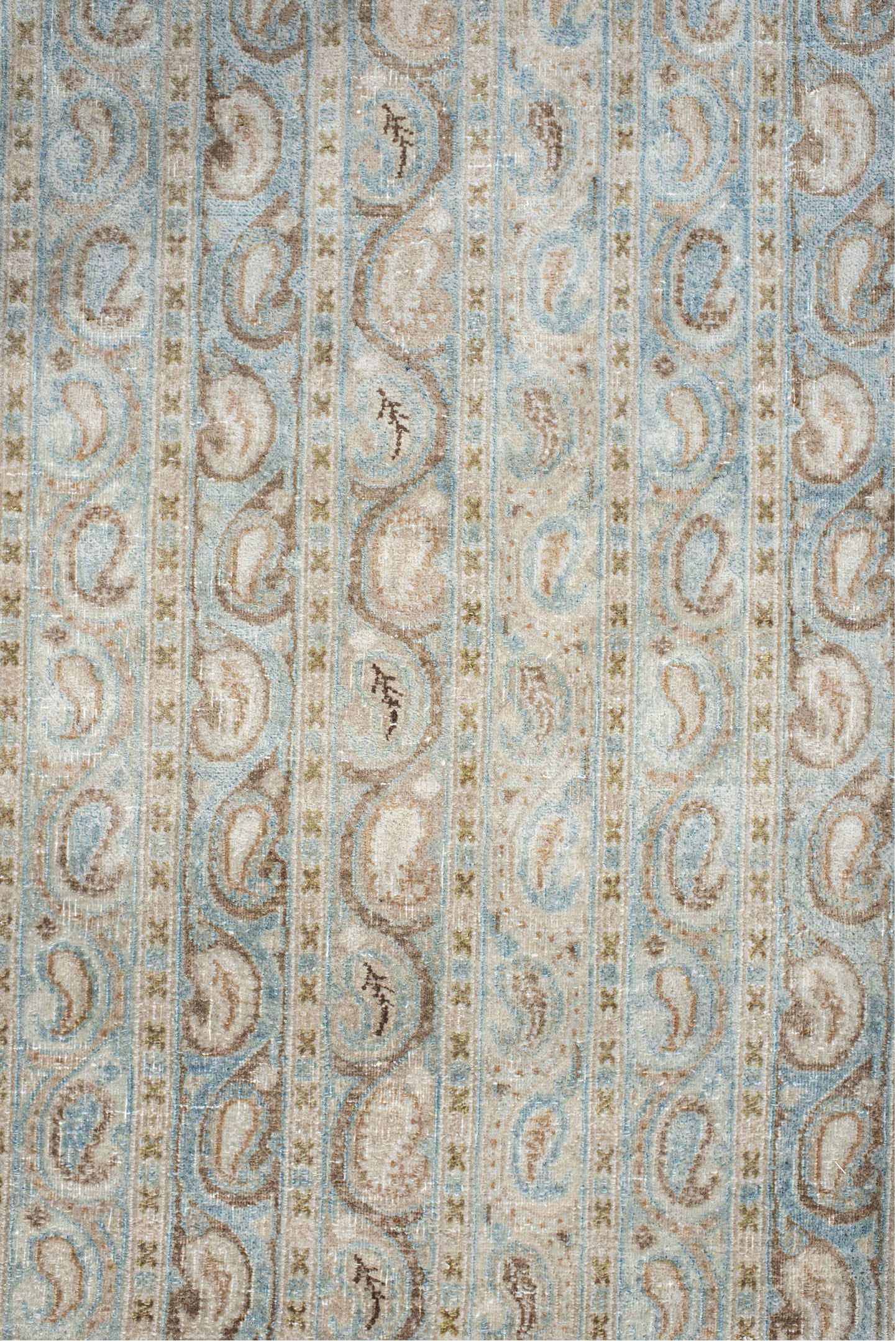 7' x 10' one-of-a-kind handmade antique Meshed large size rug. Color palette: ivory, light blue, taupe, beige, camel, brown