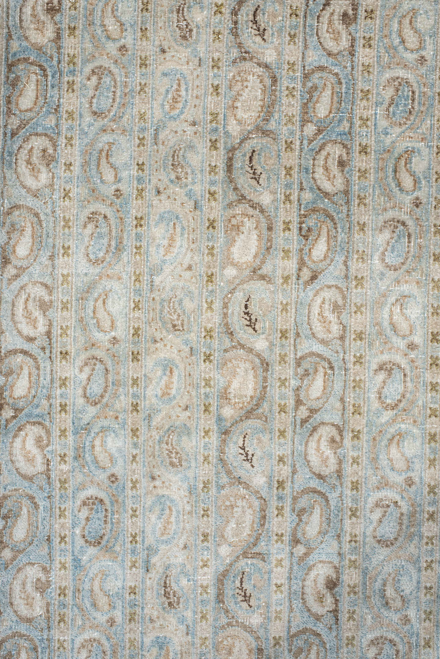 7' x 10' one-of-a-kind handmade antique Meshed large size rug. Color palette: ivory, light blue, taupe, beige, camel, brown