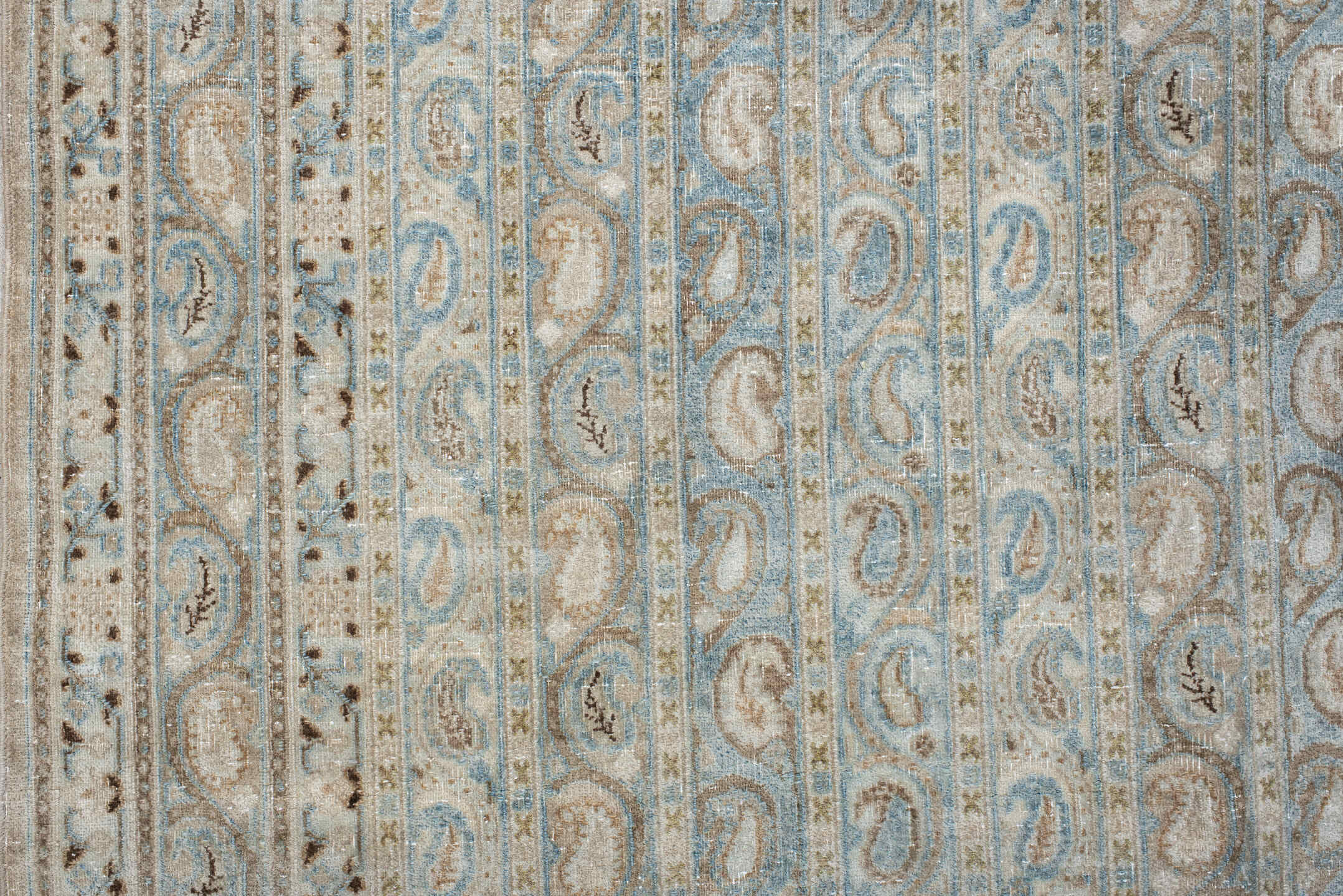 7' x 10' one-of-a-kind handmade antique Meshed large size rug. Color palette: ivory, light blue, taupe, beige, camel, brown