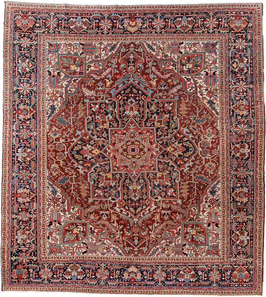 10' x 11' one-of-a-kind handmade antique Heriz large size rug. Color palette: rust, navy, ivory, brick, sky_blue, coral