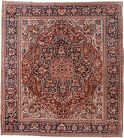 10' x 11' one-of-a-kind handmade antique Heriz large size rug. Color palette: rust, navy, ivory, brick, sky_blue, coral