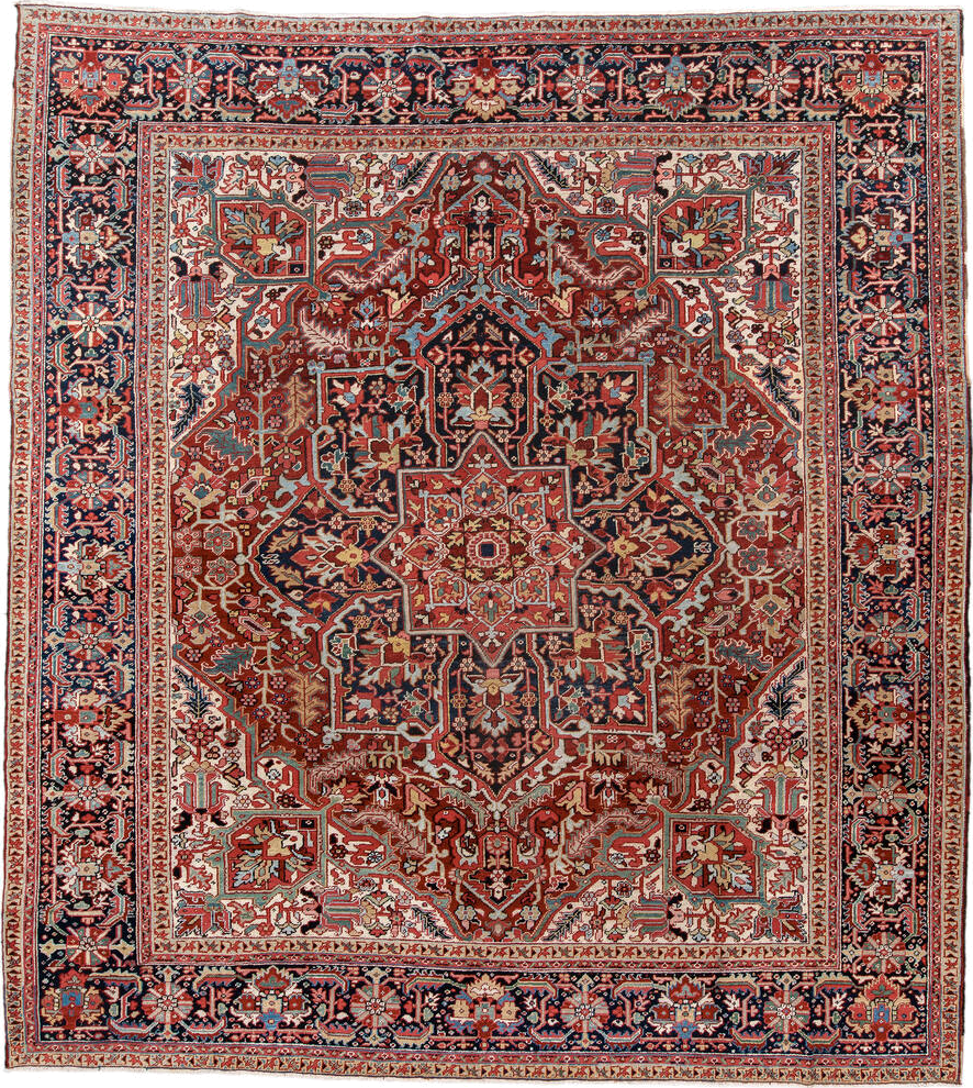 10' x 11' one-of-a-kind handmade antique Heriz large size rug. Color palette: rust, navy, ivory, brick, sky_blue, coral