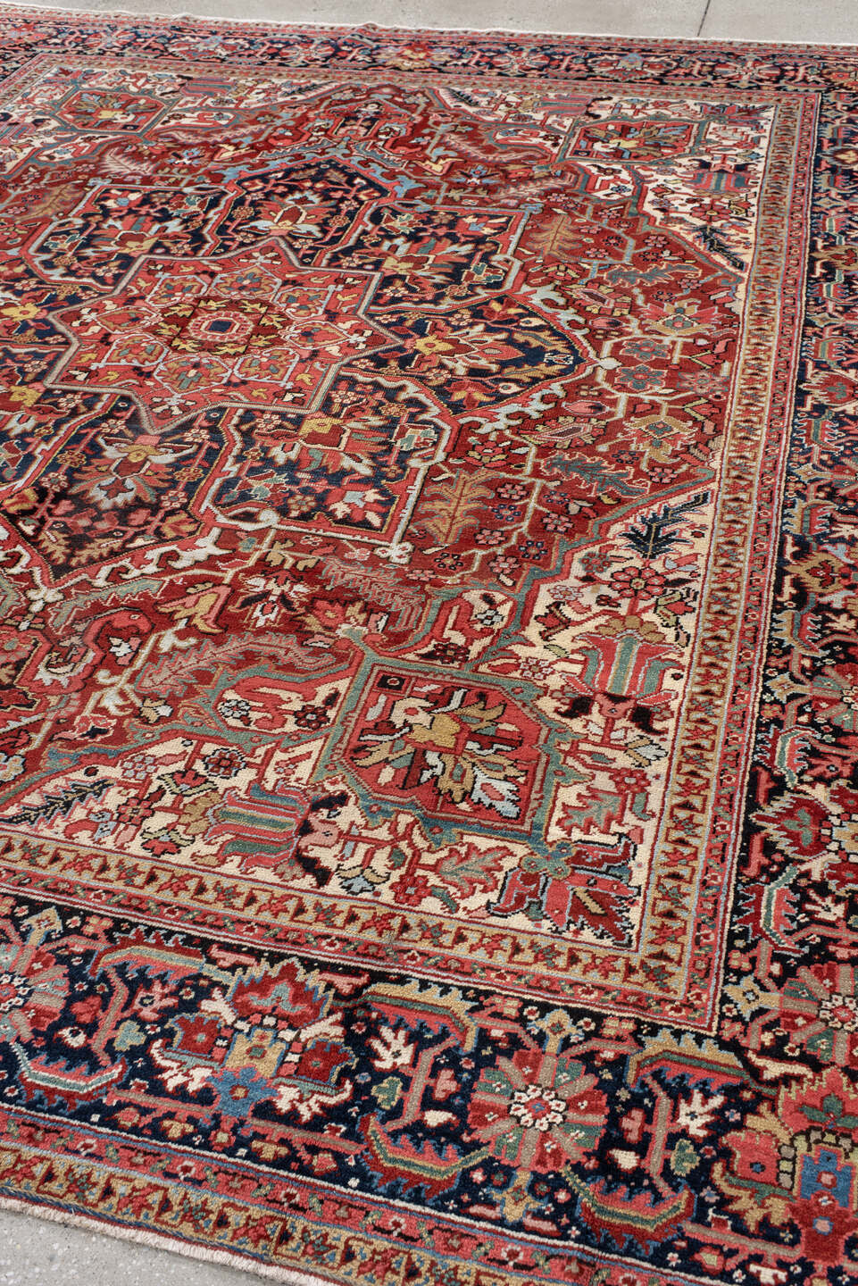 10' x 11' one-of-a-kind handmade antique Heriz large size rug. Color palette: rust, navy, ivory, brick, sky_blue, coral