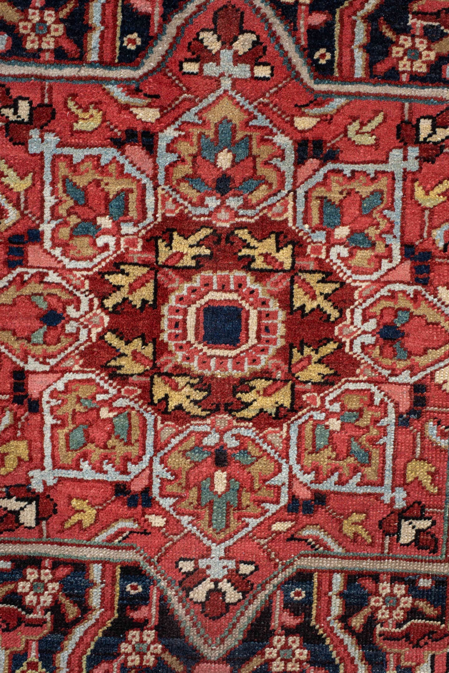 10' x 11' one-of-a-kind handmade antique Heriz large size rug. Color palette: rust, navy, ivory, brick, sky_blue, coral