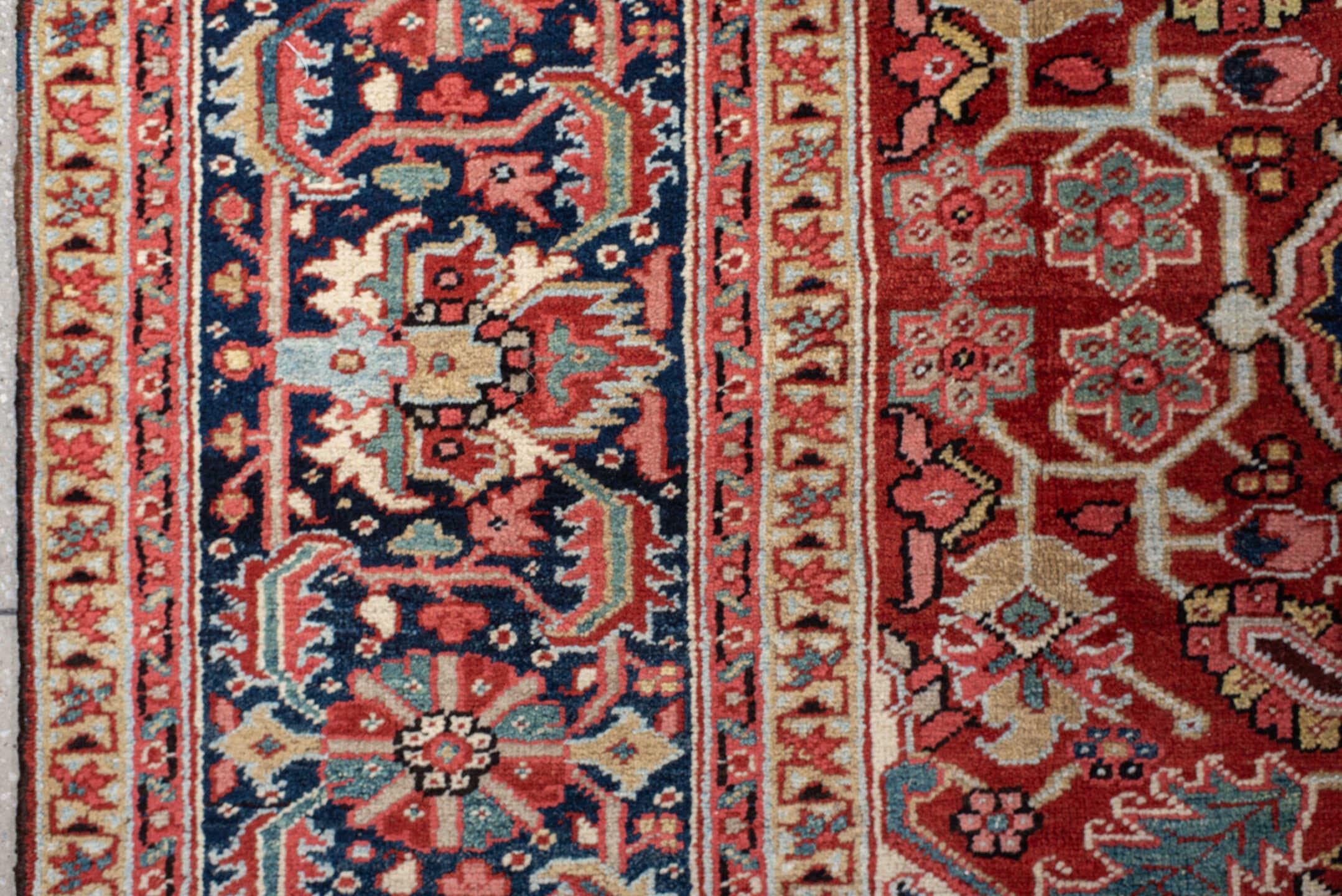 10' x 11' one-of-a-kind handmade antique Heriz large size rug. Color palette: rust, navy, ivory, brick, sky_blue, coral