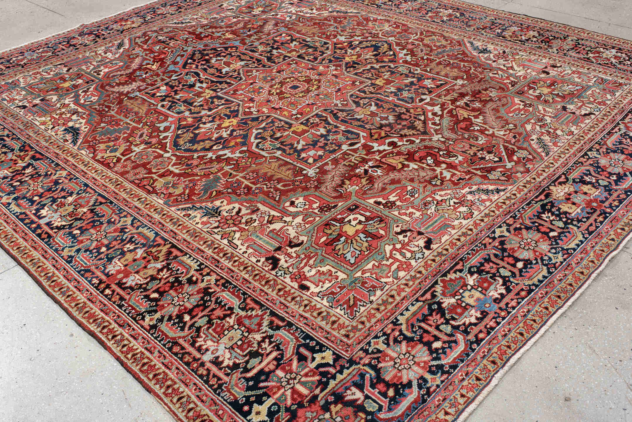 10' x 11' one-of-a-kind handmade antique Heriz large size rug. Color palette: rust, navy, ivory, brick, sky_blue, coral