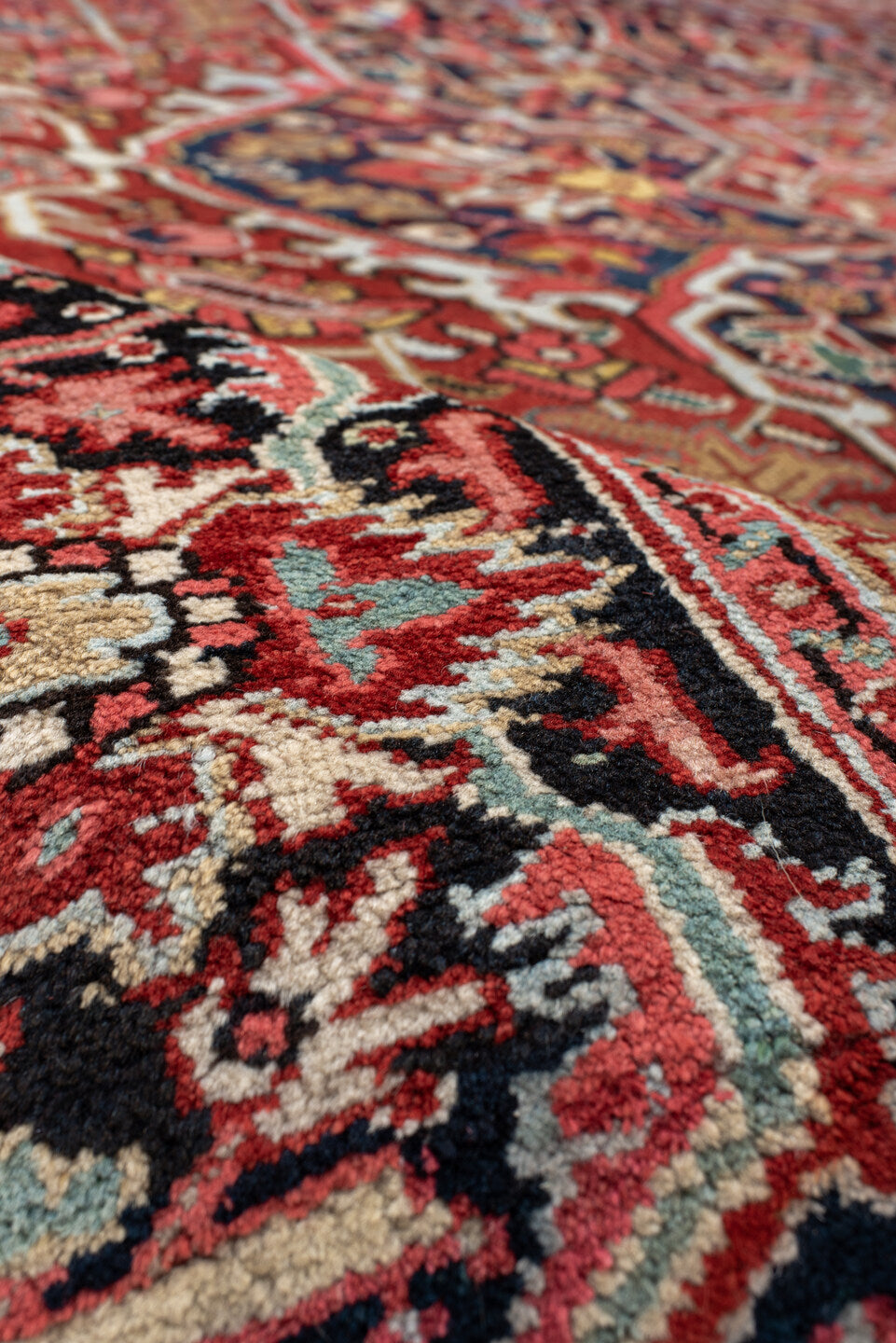 10' x 11' one-of-a-kind handmade antique Heriz large size rug. Color palette: rust, navy, ivory, brick, sky_blue, coral