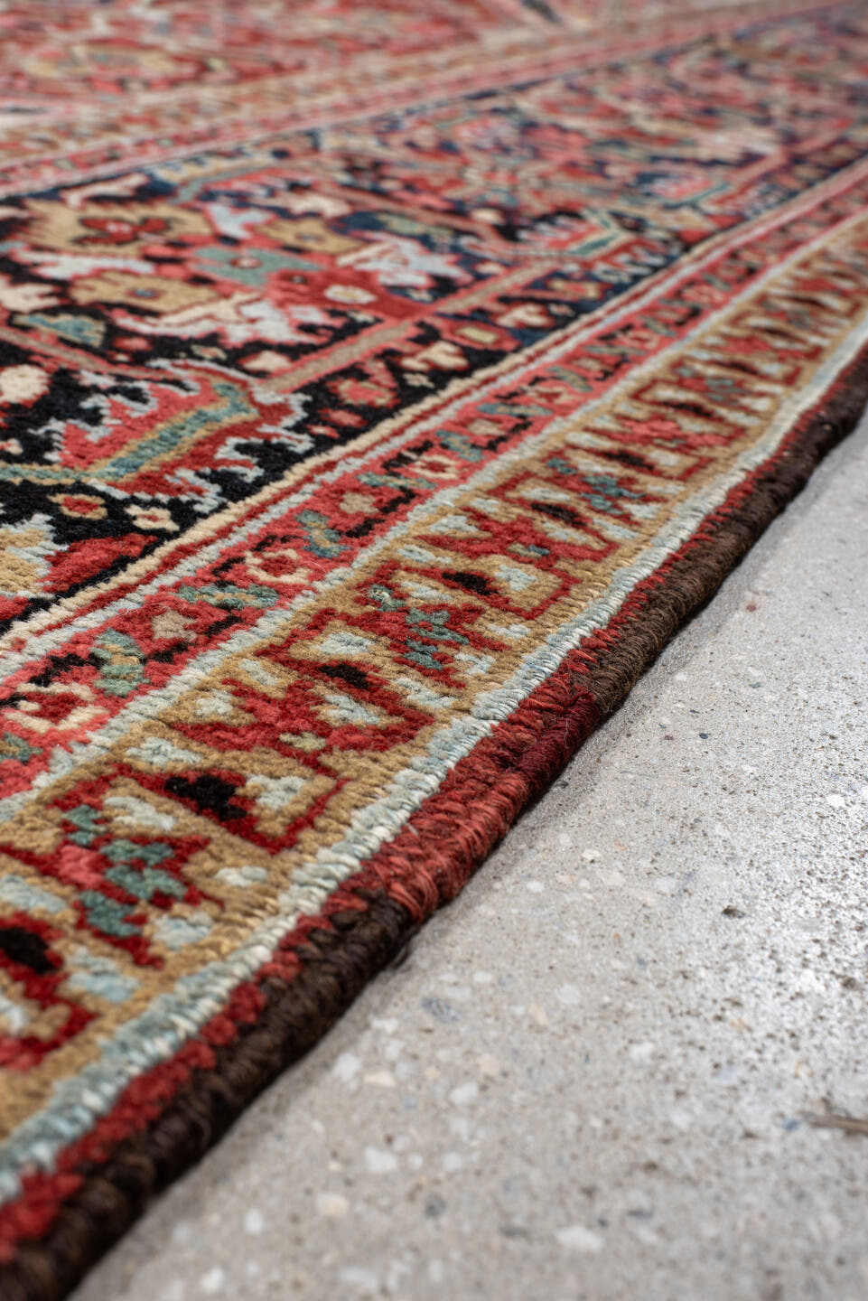 10' x 11' one-of-a-kind handmade antique Heriz large size rug. Color palette: rust, navy, ivory, brick, sky_blue, coral