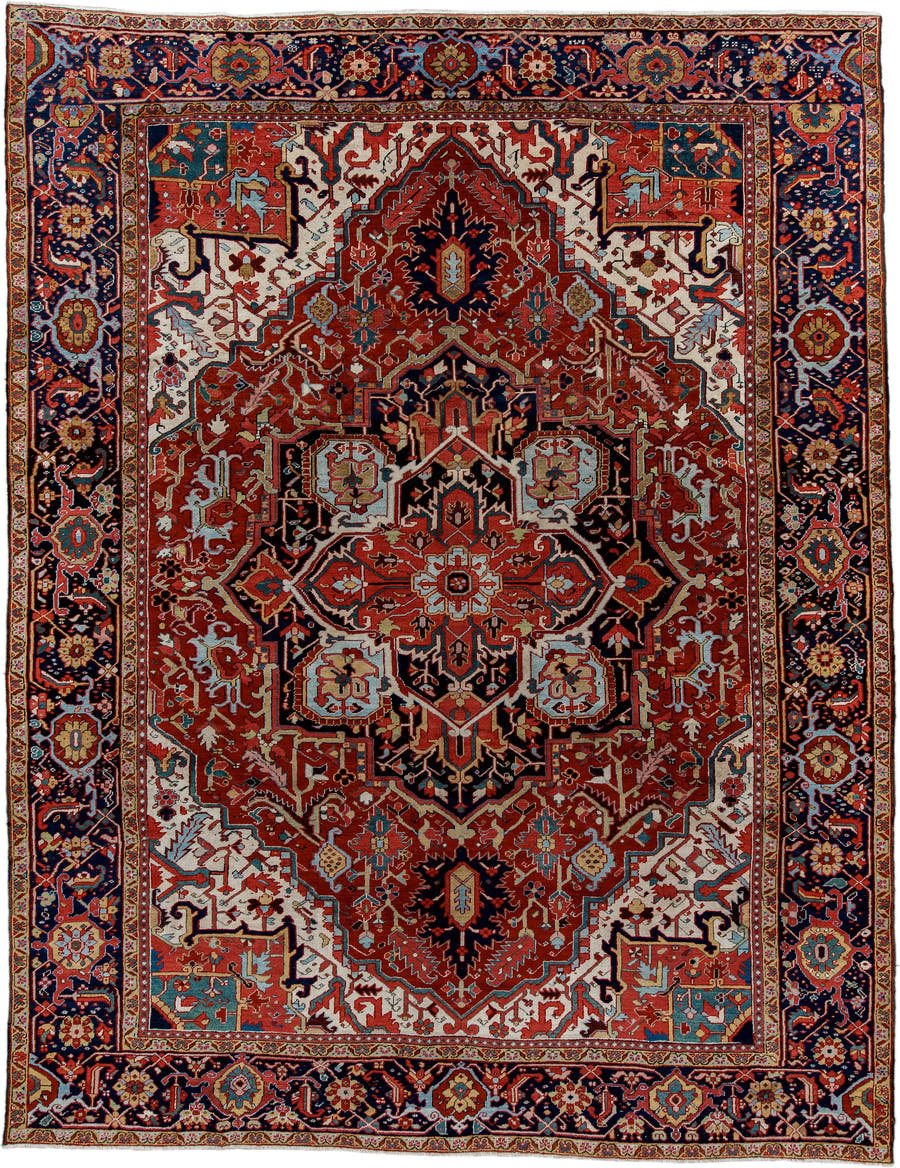 9' x 12' one-of-a-kind handmade antique Heriz large size rug. Color palette: rust, navy, ivory, sky blue, soft gold, coral
