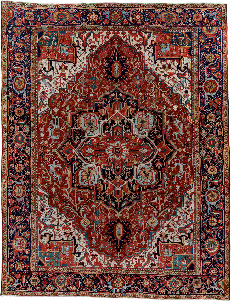 9' x 12' one-of-a-kind handmade antique Heriz large size rug. Color palette: rust, navy, ivory, sky blue, soft gold, coral