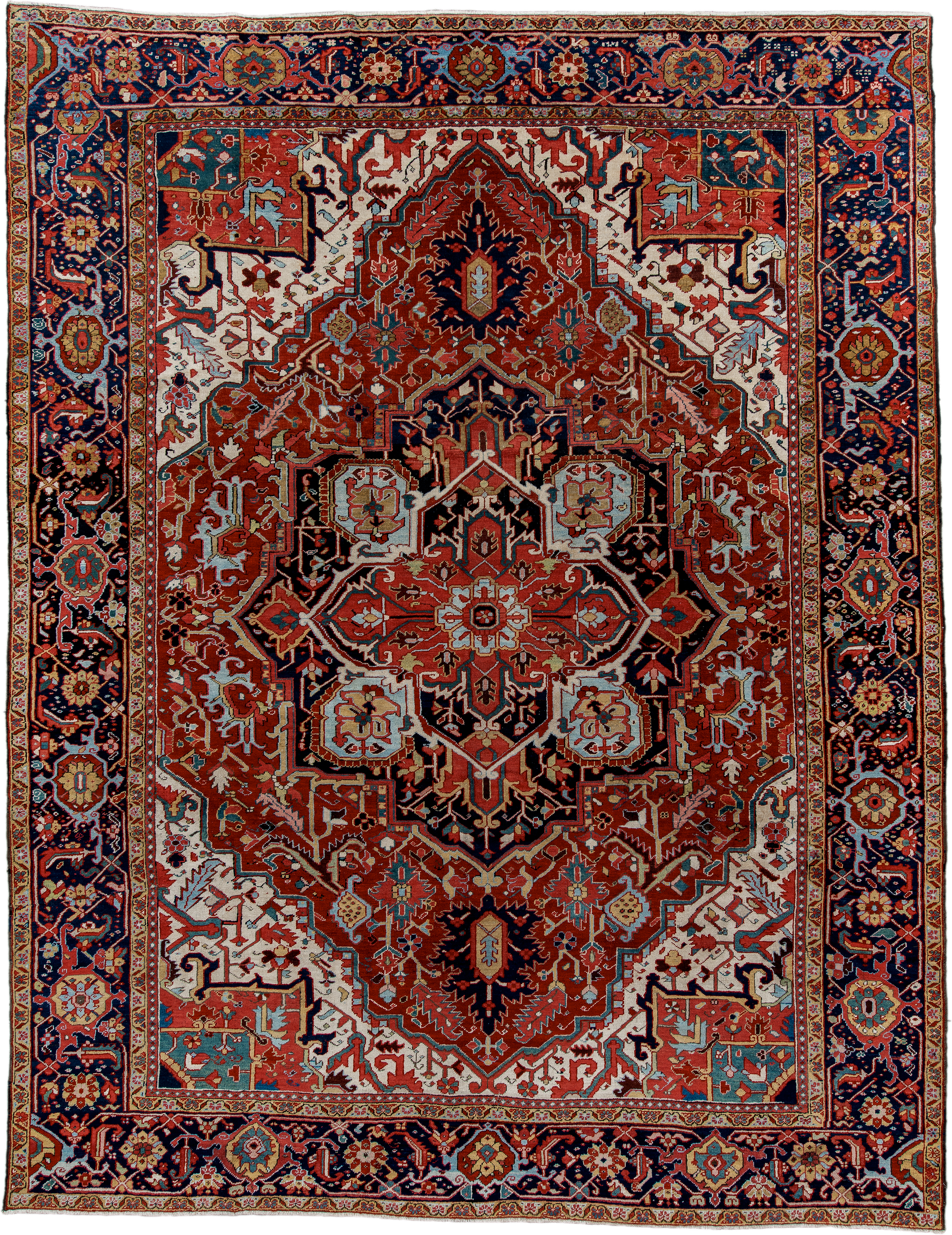 9' x 12' one-of-a-kind handmade antique Heriz large size rug. Color palette: rust, navy, ivory, sky blue, soft gold, coral