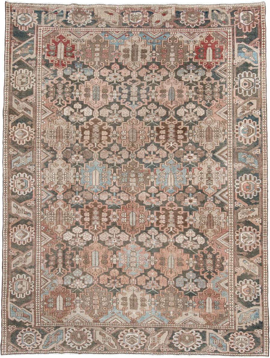 7' x 9' one-of-a-kind handmade vintage Baktiary rug. Color palette: taupe, charcoal, blush, ivory, sky blue, brown, rose