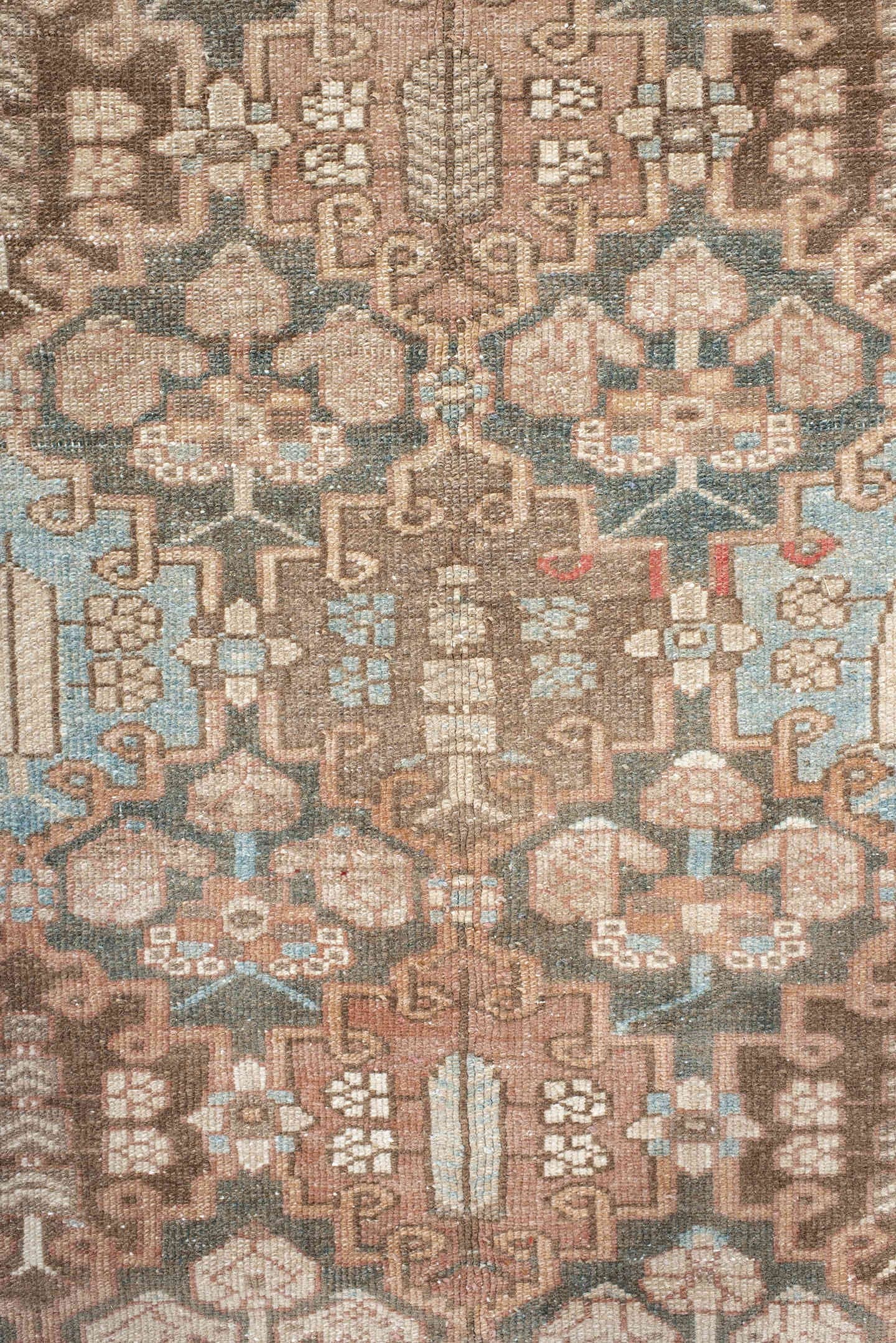 7' x 9' one-of-a-kind handmade vintage Baktiary rug. Color palette: taupe, charcoal, blush, ivory, sky blue, brown, rose