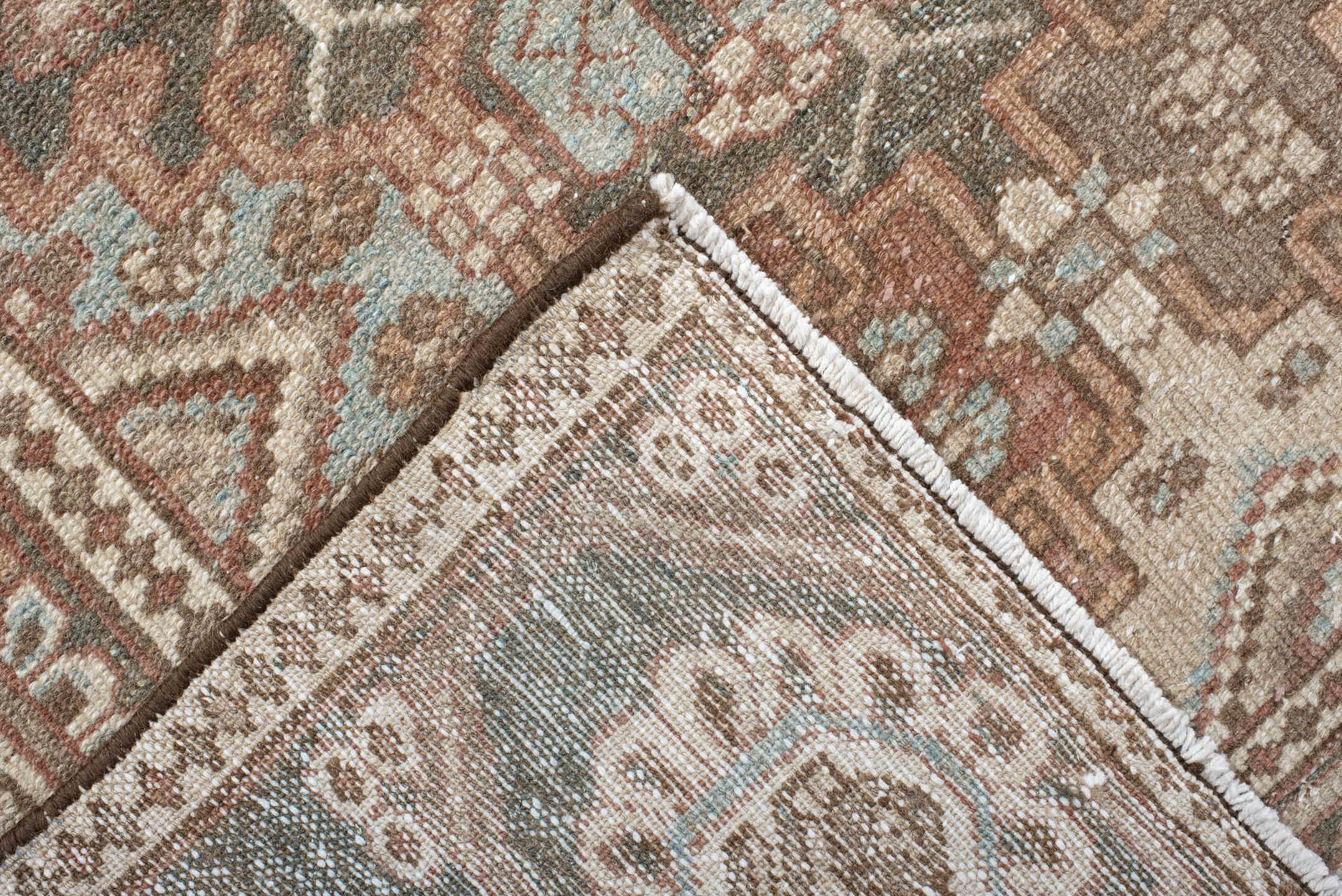 7' x 9' one-of-a-kind handmade vintage Baktiary rug. Color palette: taupe, charcoal, blush, ivory, sky blue, brown, rose