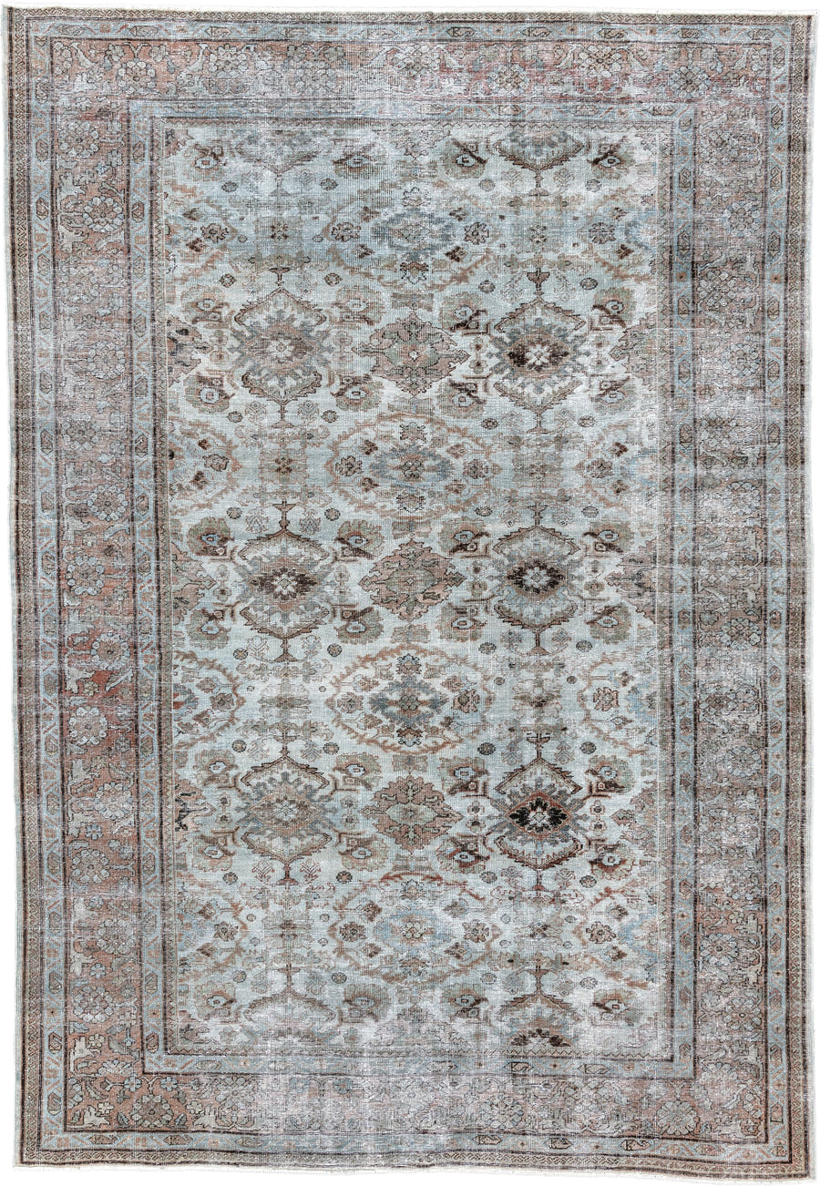 7' x 10' one-of-a-kind handmade vintage Mahal large size rug. Color palette: ivory, light blue, taupe, rust, brown, camel