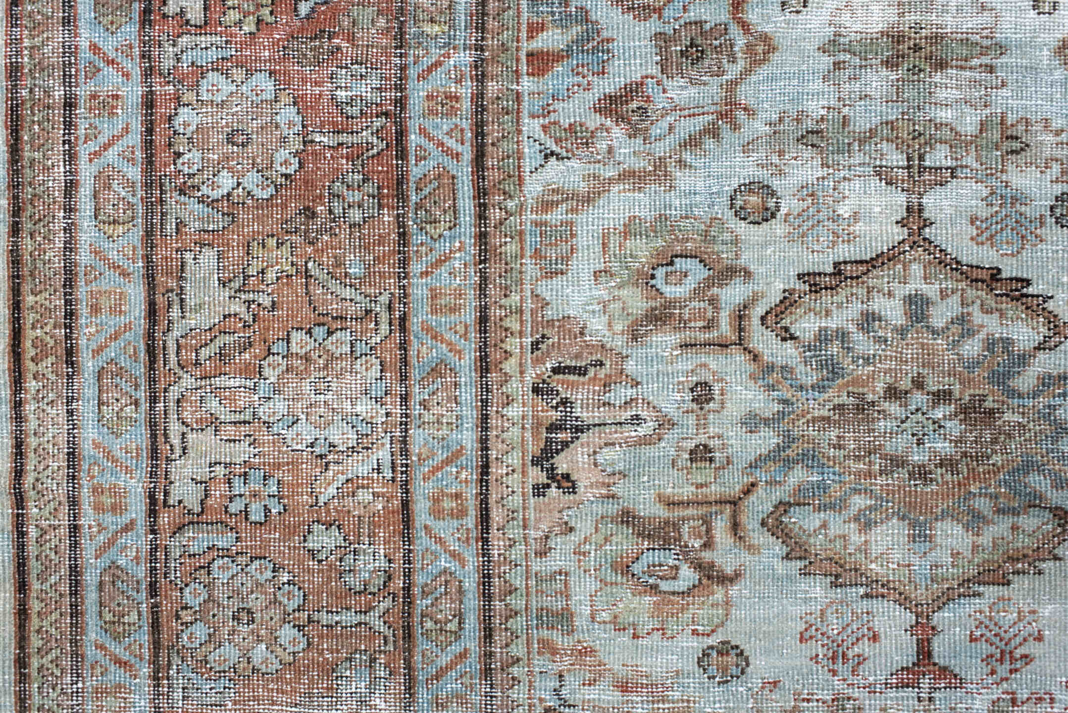 7' x 10' one-of-a-kind handmade vintage Mahal large size rug. Color palette: ivory, light blue, taupe, rust, brown, camel