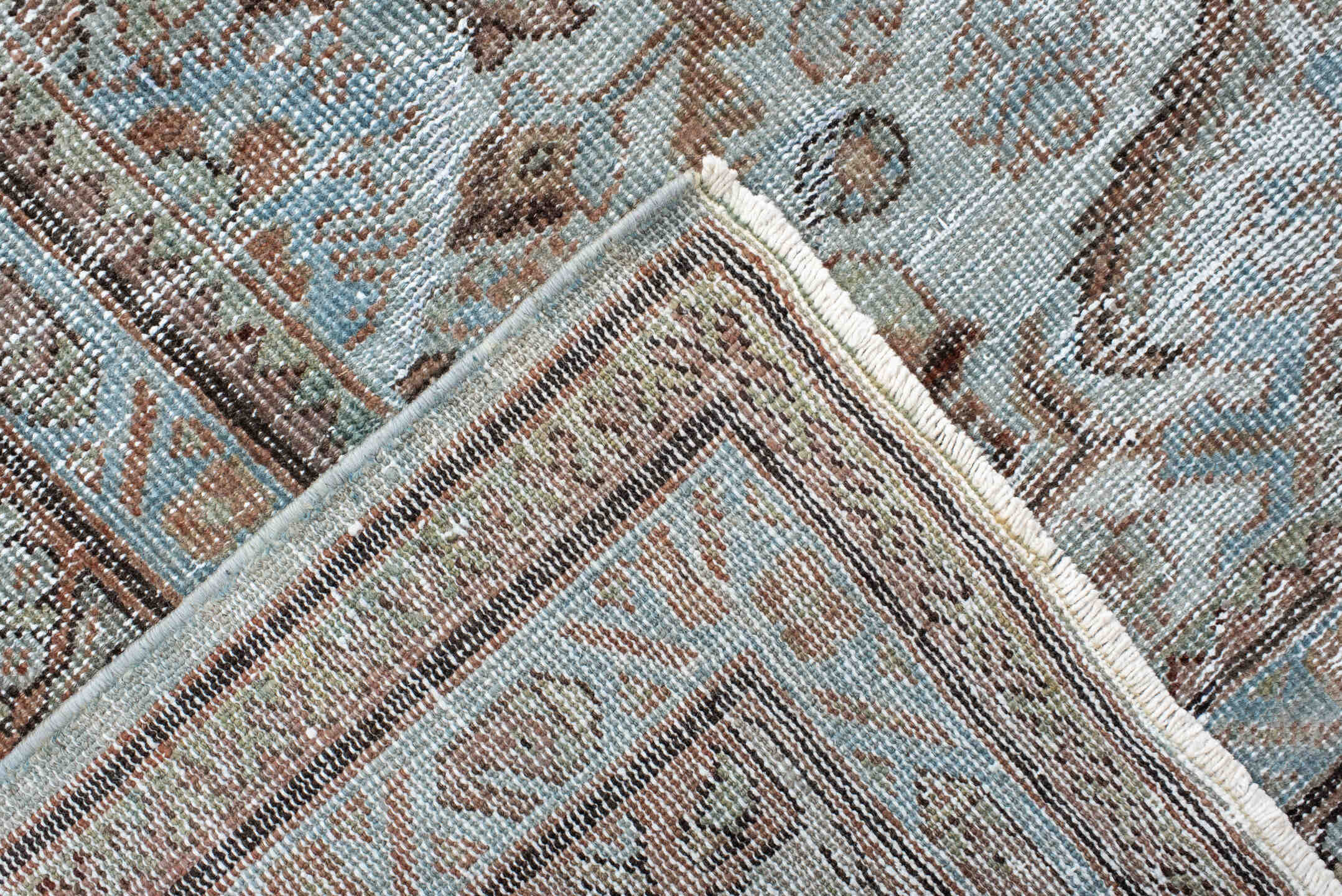 7' x 10' one-of-a-kind handmade vintage Mahal large size rug. Color palette: ivory, light blue, taupe, rust, brown, camel
