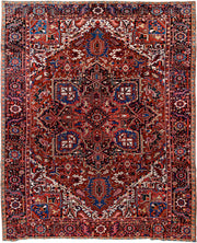 9' x 11' one-of-a-kind handmade antique Heriz large size rug. Color palette: rust, navy, ivory, coral, burgundy, sky_blue