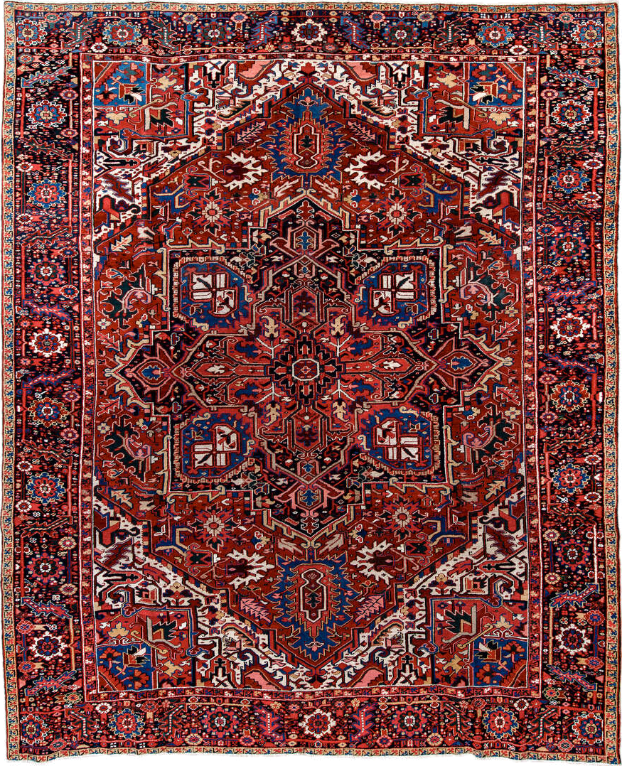 9' x 11' one-of-a-kind handmade antique Heriz large size rug. Color palette: rust, navy, ivory, coral, burgundy, sky_blue