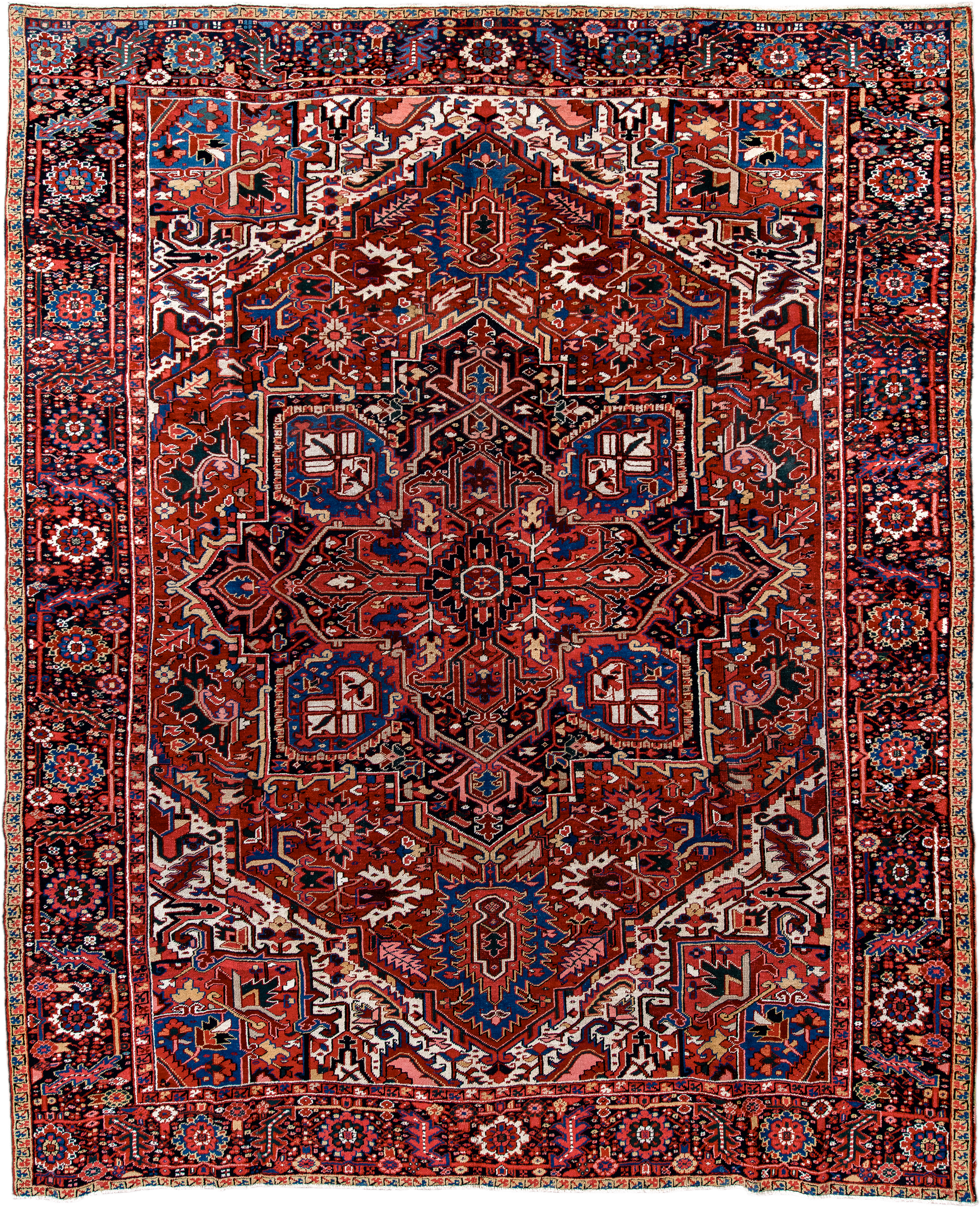 9' x 11' one-of-a-kind handmade antique Heriz large size rug. Color palette: rust, navy, ivory, coral, burgundy, sky_blue