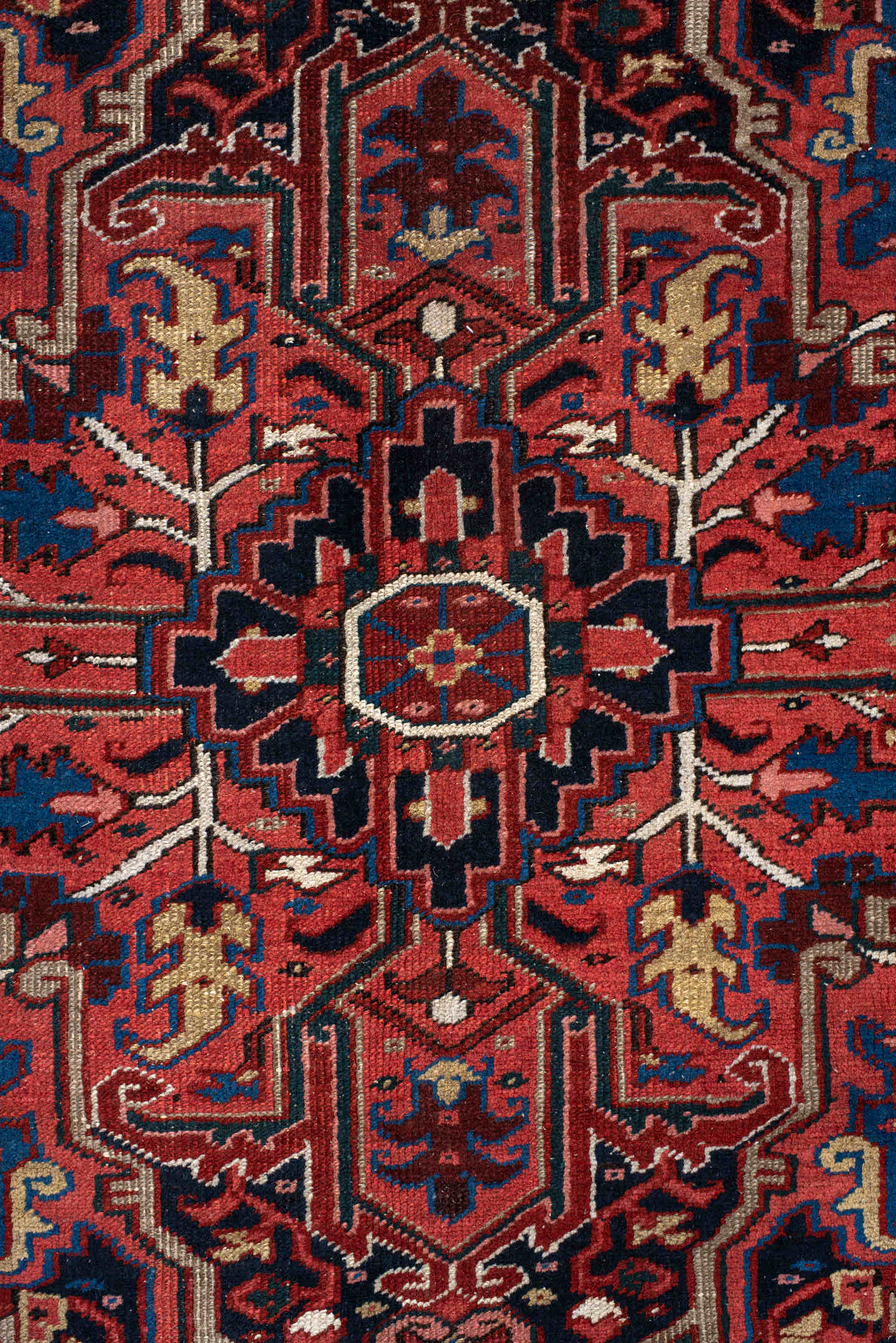 9' x 11' one-of-a-kind handmade antique Heriz large size rug. Color palette: rust, navy, ivory, coral, burgundy, sky_blue