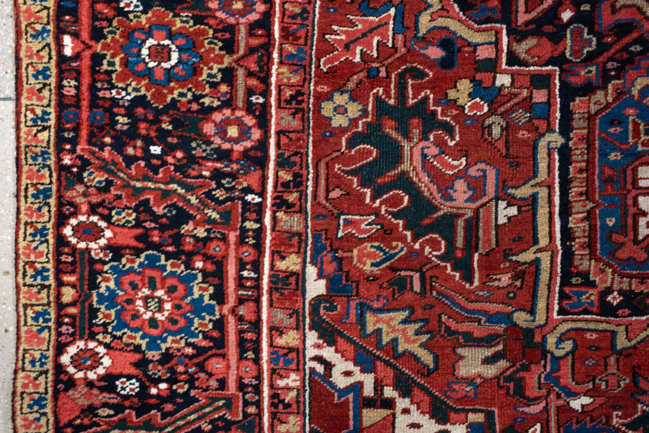 9' x 11' one-of-a-kind handmade vintage Heriz large size rug. Color palette: black, blue, brown, charcoal, fire brick, gray