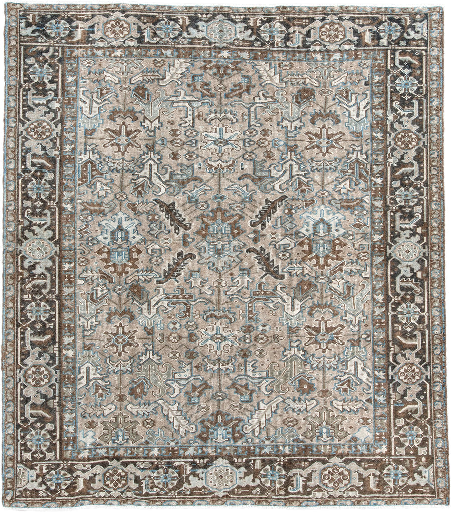 6' x 7' one-of-a-kind handmade antique Heriz rug. Color palette: taupe, brown, ivory, sky blue, charcoal, camel, beige, gray