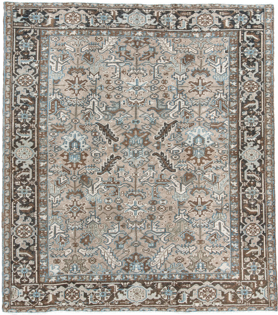 6' x 7' one-of-a-kind handmade antique Heriz rug. Color palette: taupe, brown, ivory, sky blue, charcoal, camel, beige, gray