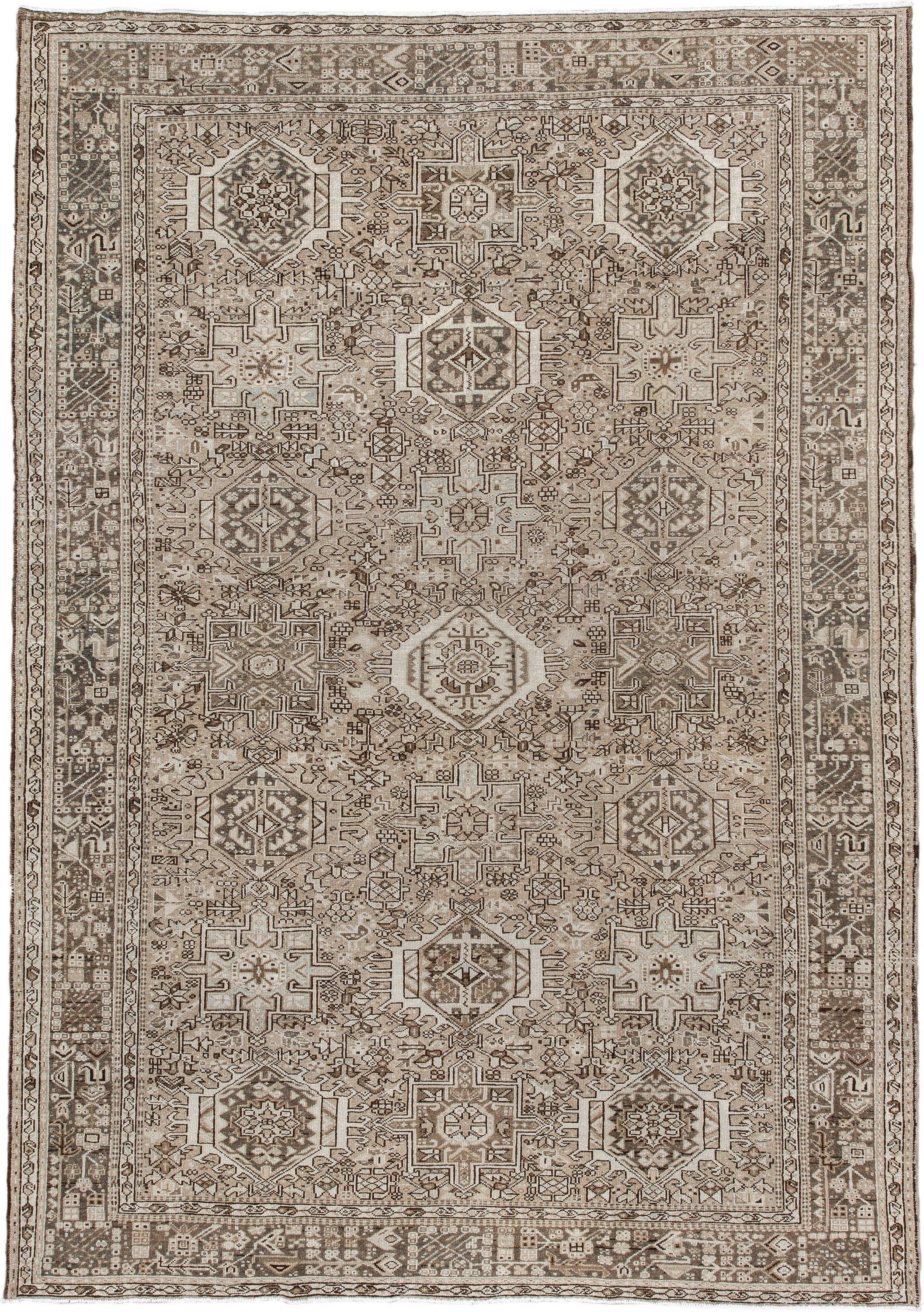 7' x 10' one-of-a-kind handmade vintage Karaje large size rug. Color palette: taupe, ivory, brown, rose, camel, charcoal